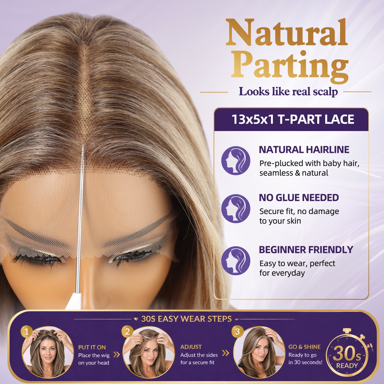 KOME Blonde Highlight Human Hair Wig Blend,Blonde Highlight Lace Front Wig, T Part Glueless Wigs for Women Daily Use 18IN（#TT416825）