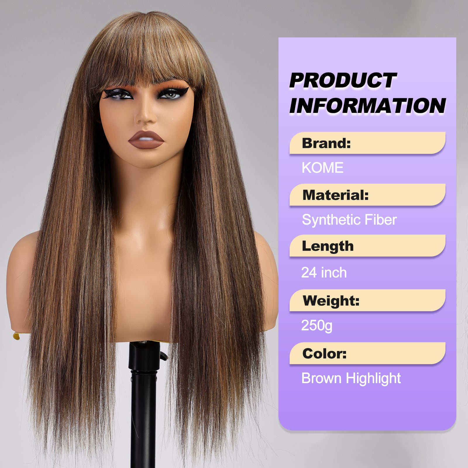 KOME Brown Wigs for Women,Brown Highlight Yaki Straight Glueless Synthetic Long Silk Natural Wig with Bangs Heat Resistant Fiber 26IN