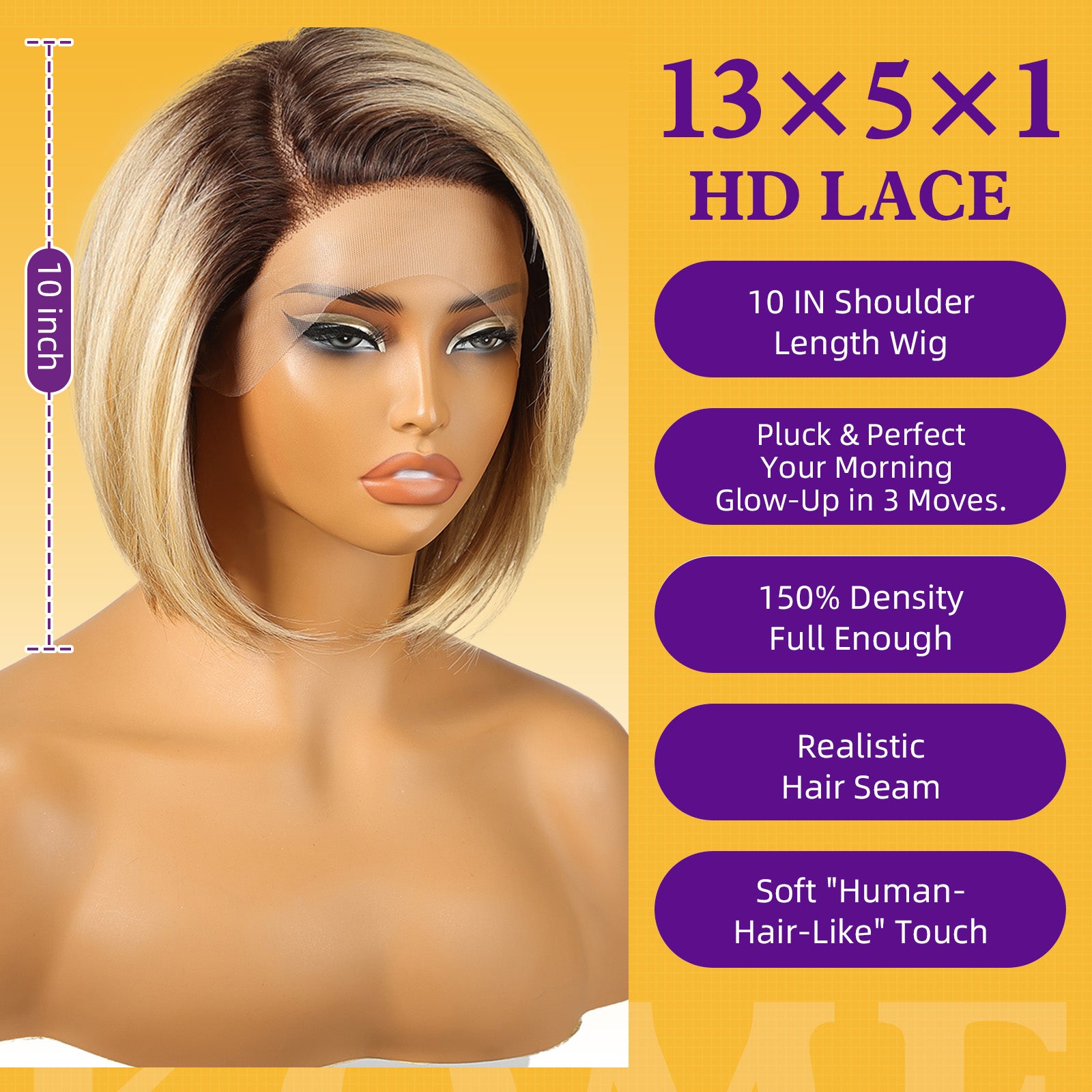 KOME Ombre Blonde Synthetic Lace Front Wig,Straight Bob Wig for White Women,Ash Blonde Short Layered Wigs,Side Part Glueless Lace Wigs for Women Daily Use 10IN (#OM6/FS1212)