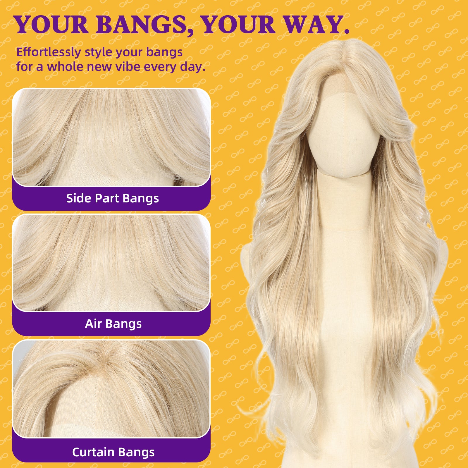 KOME Light Blonde Synthetic Lace Front Wig, T Part Glueless Layered Wavy Wigs With Bangs, Heat Resistant Wigs For Women Daily Party Use 26IN