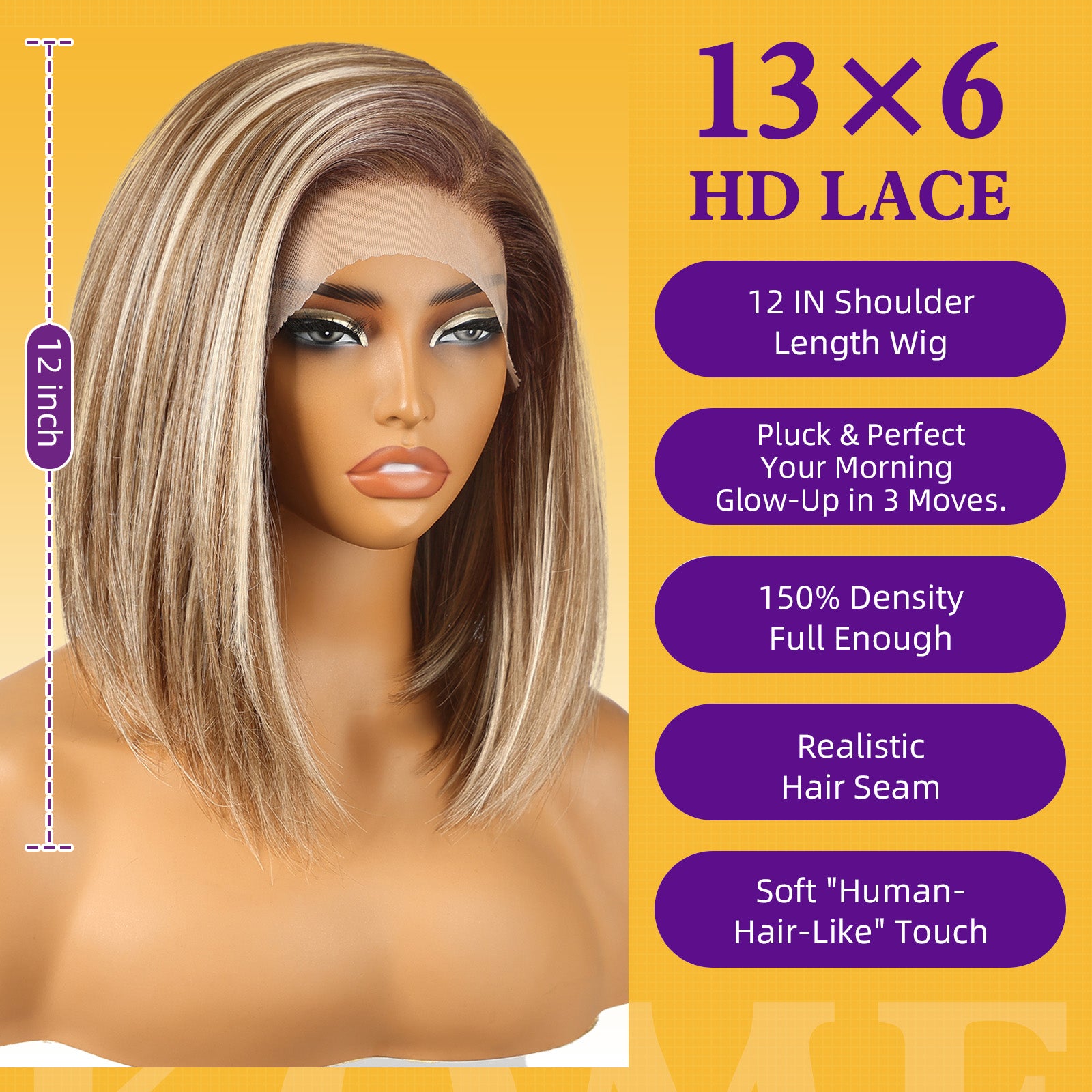 KOME Ash Blonde Synthetic Lace Front Wig,13×6 HD Straight Bob Wig for Women,Brown Short Layered Glueless Wigs for Women Daily Use 12IN（T6107F）