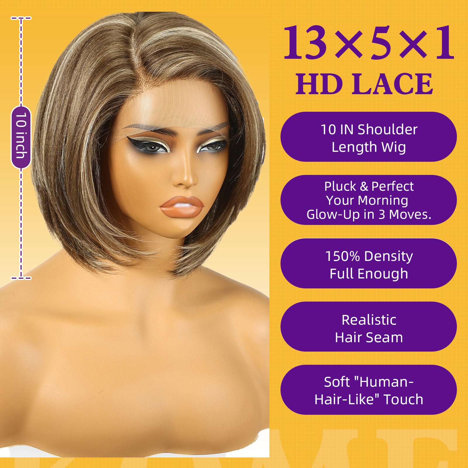 KOME Brown mix Blonde Synthetic Lace Front Wig,Side Part Short Layered Straight Glueless Bob Wig for White Women Daily Use 10IN (#F8/27/88)