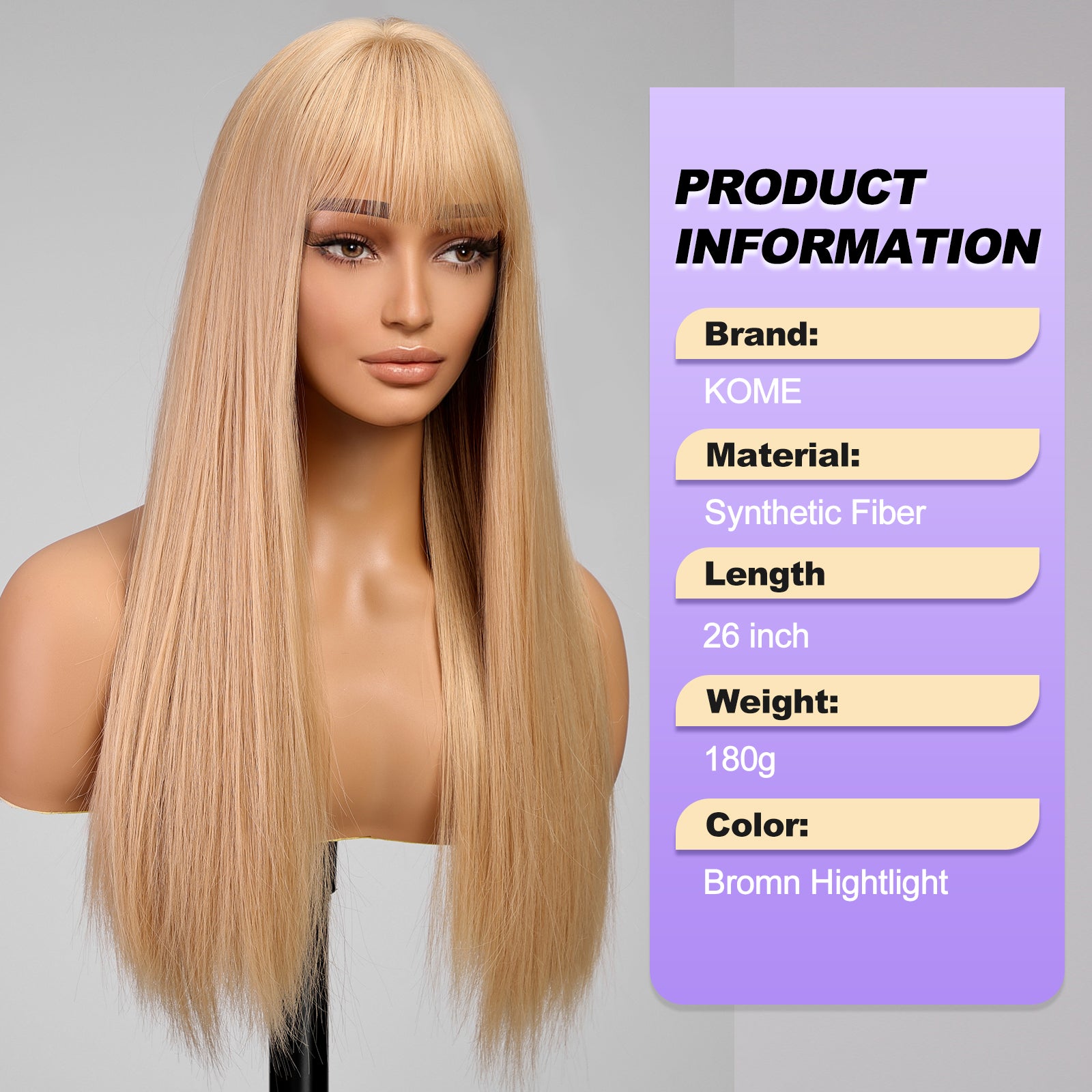 Blonde Long Straight Wig with Bangs,Straight Hair Wigs for Women,Synthetic Heat Resistant Natural Looking Hair Wig for Party Cosplay Dality Use