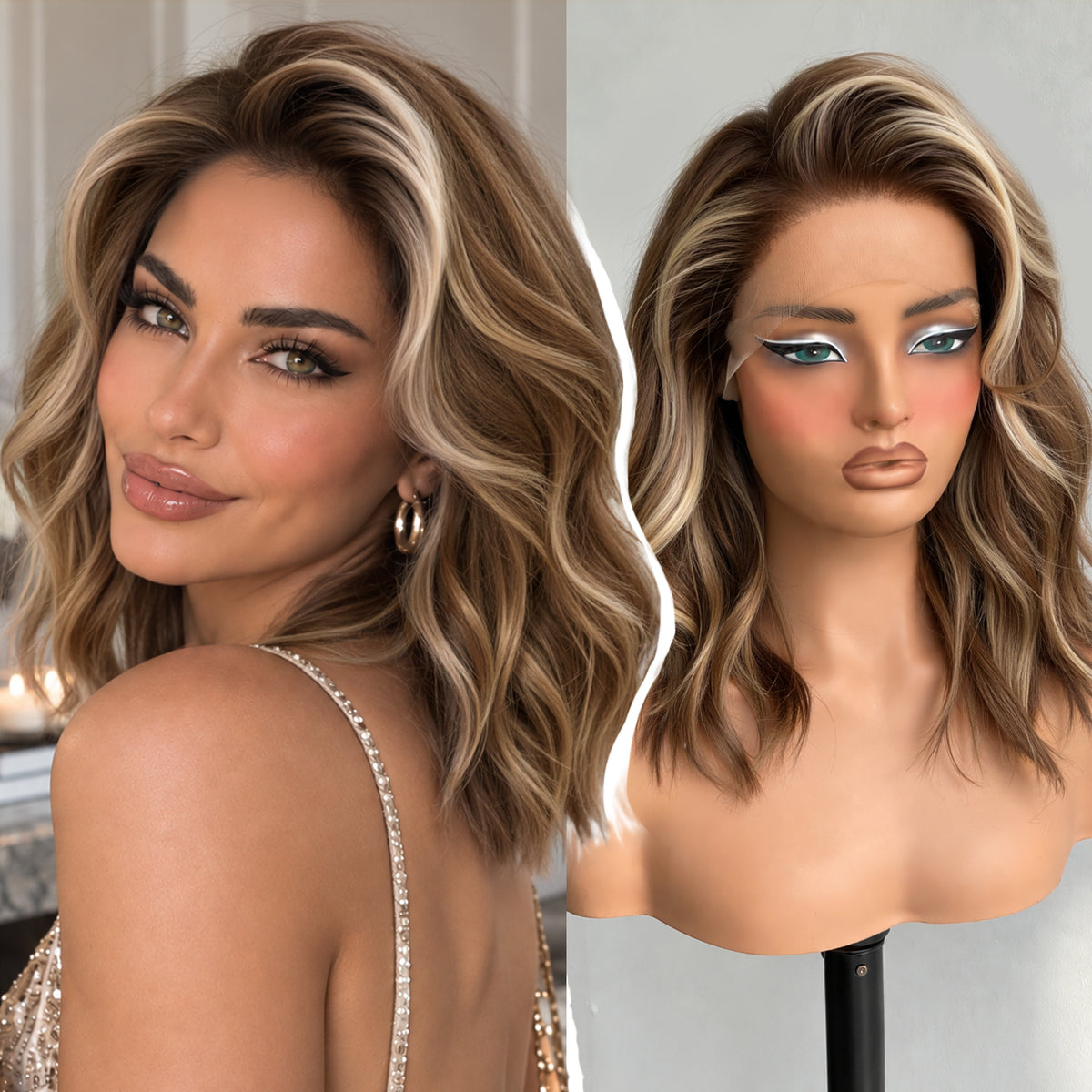 KOME Brown Highlight 13X4 Synthetic Lace Front Wigs for Women 14IN