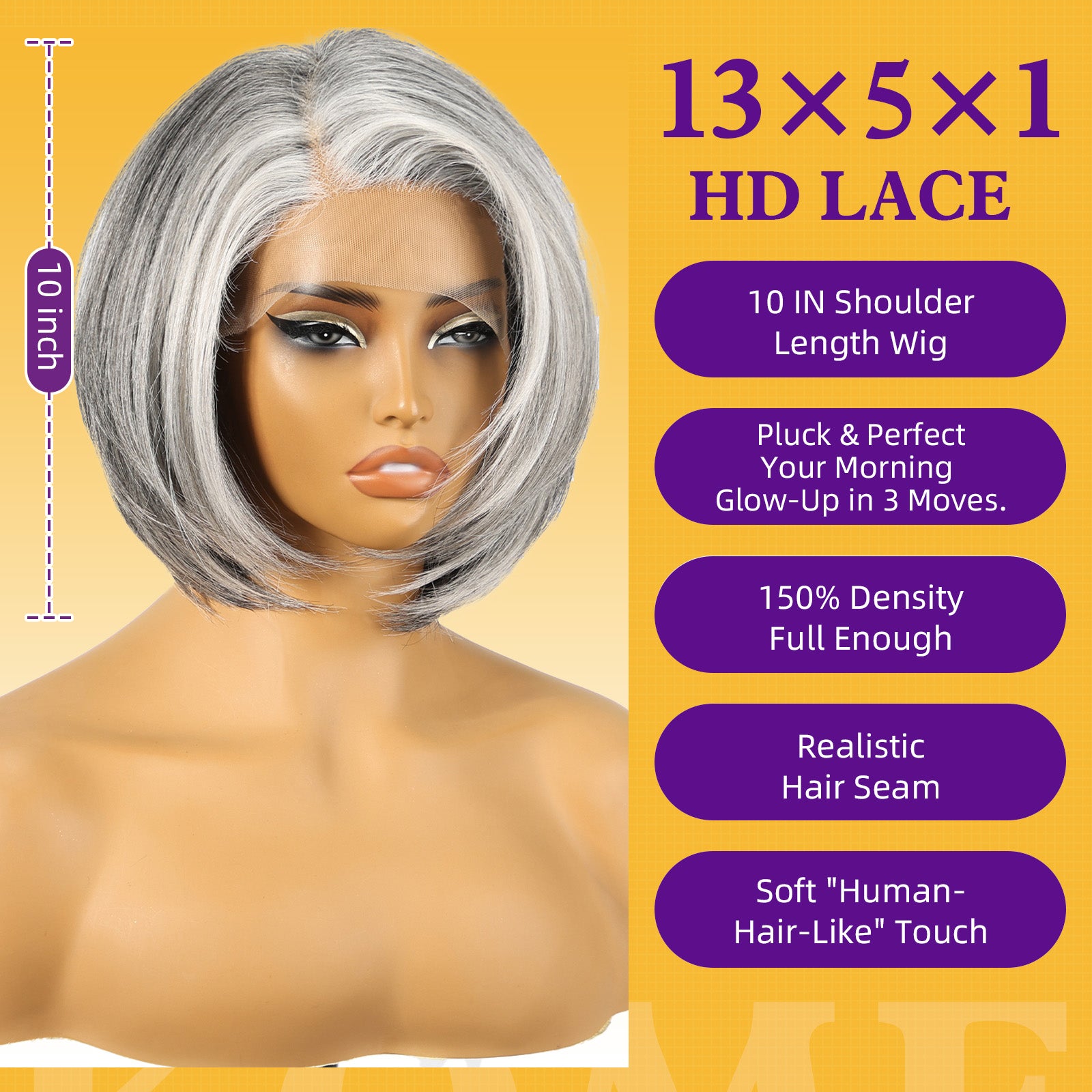 KOME Grey Synthetic Lace Front Wig,Silver Side Part Short Straight Glueless Bob Wigs for White Women Daily Use 10IN (#2/60HL)