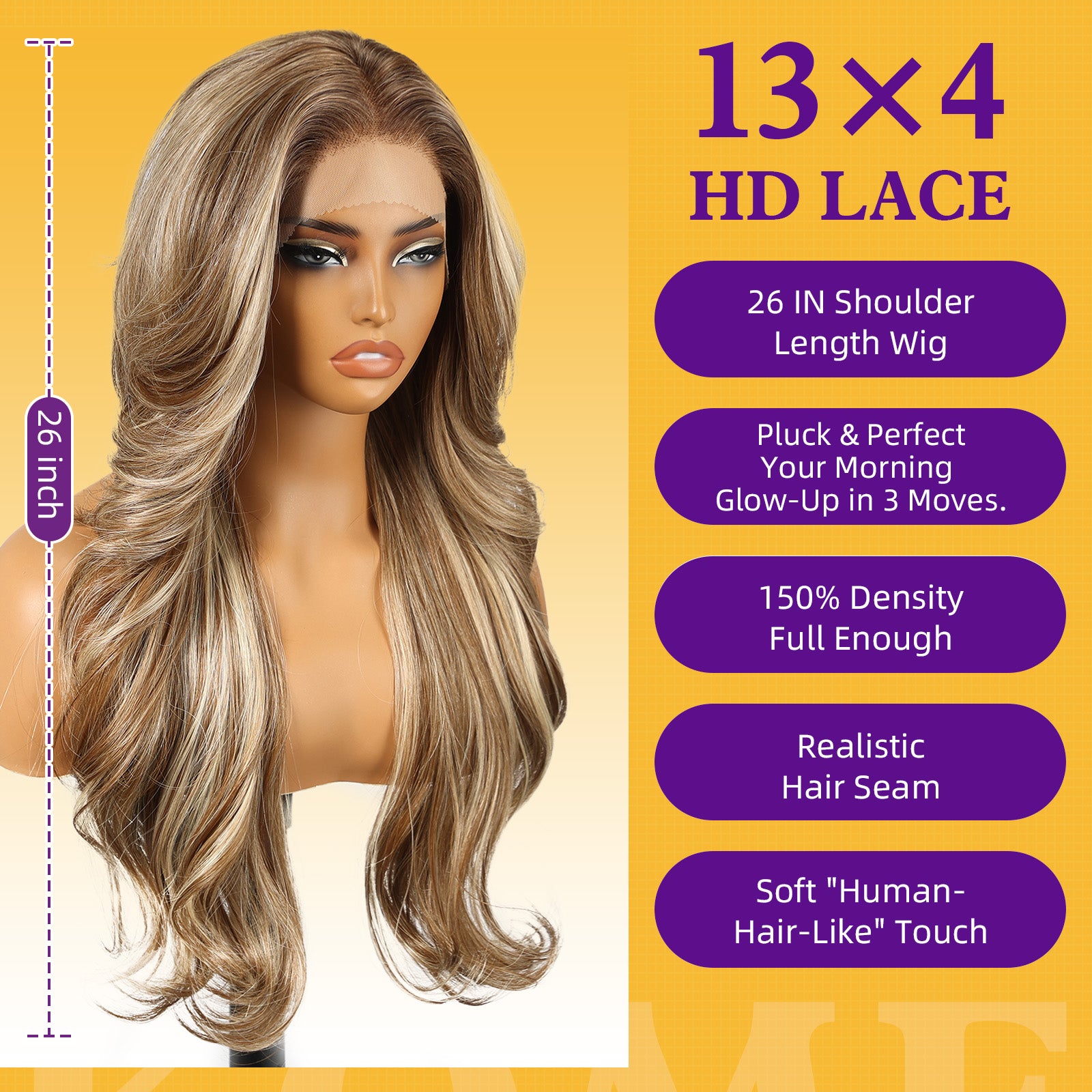 KOME Ash Blonde Highlight Synthetic Lace Front Wig,13x4 HD Lace Layered Wave Glueless Wigs for Women Daily Use 26IN