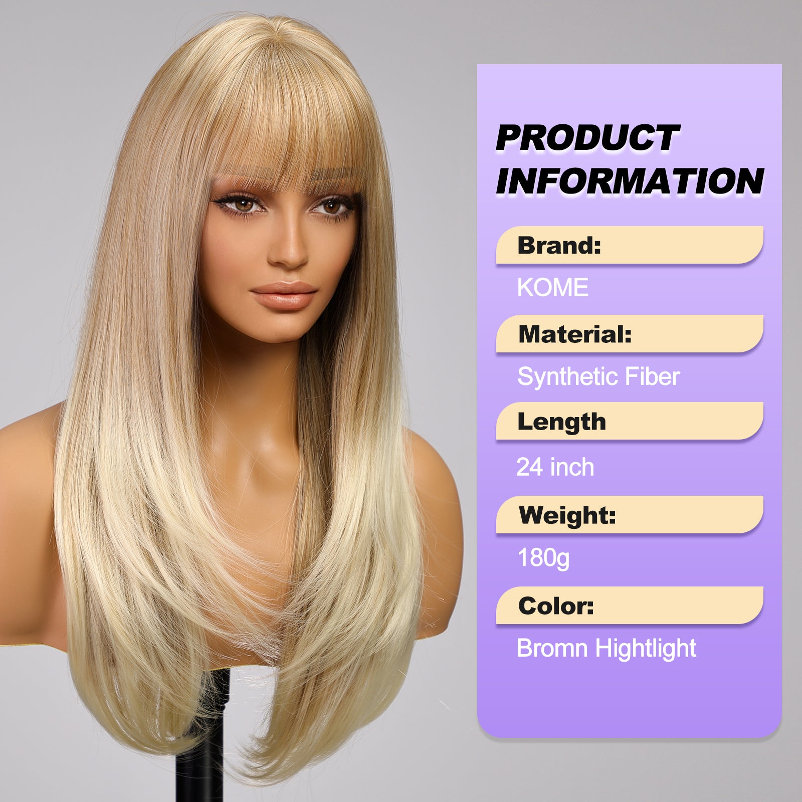 Blonde Highlight Long Layered Wig with Bangs,Straight Hair Wigs for Women,Synthetic Heat Resistant Natural Looking Hair Wig for Party Cosplay Dality Use