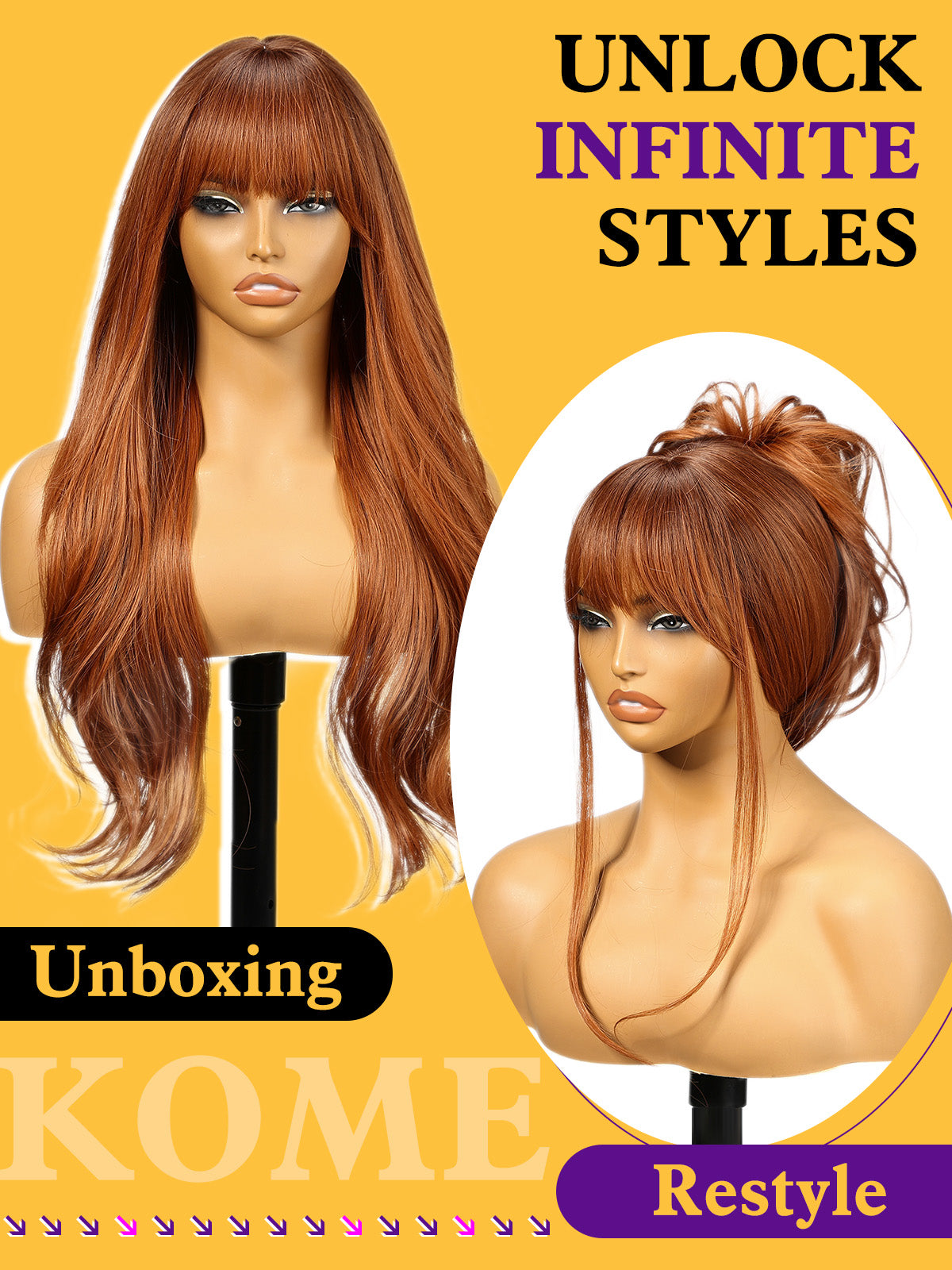 Long Auburn Wigs with Bangs,Ginger Layered Wavy Synthetic Wig for Women Party Daily Use 26IN