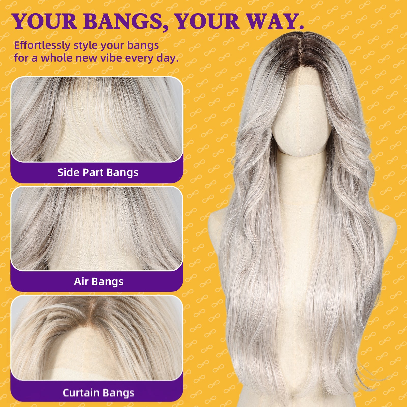 KOME Platinum Blonde Synthetic Lace Front Wig,T Part Glueless Layered Wavy Wigs With Bangs, Heat Resistant Wigs For Women Daily Party Use 26IN