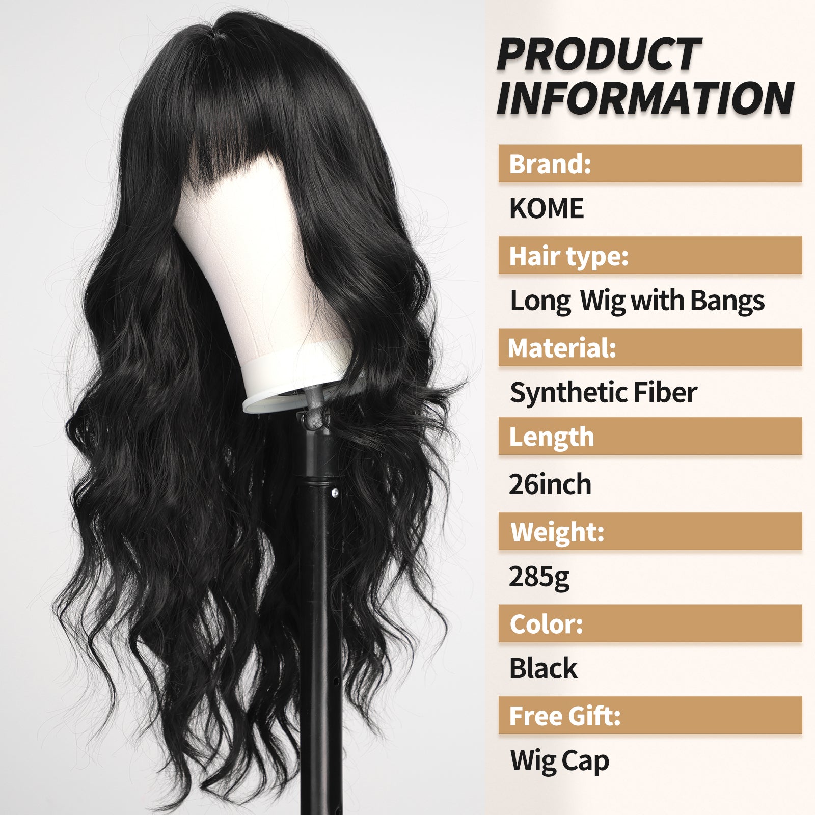 Black Wigs with Bangs,Black Long Wavy Wig for Women,Black Long Curly Synthetic Hair Wig for Party Daily Use 26IN