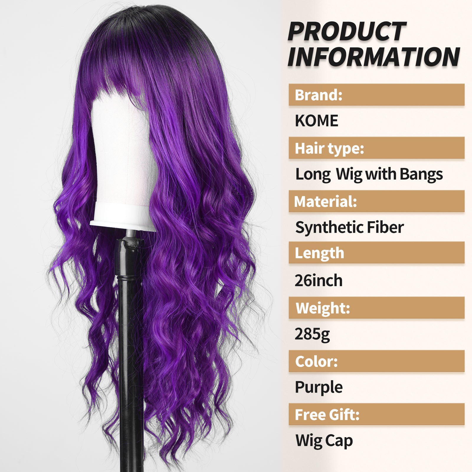 Purple Wigs with Bangs,Long Purple Wig for Women,Long Curly Wigs Synthetic Hair Wig for Party Cosplay Daily Use 26IN