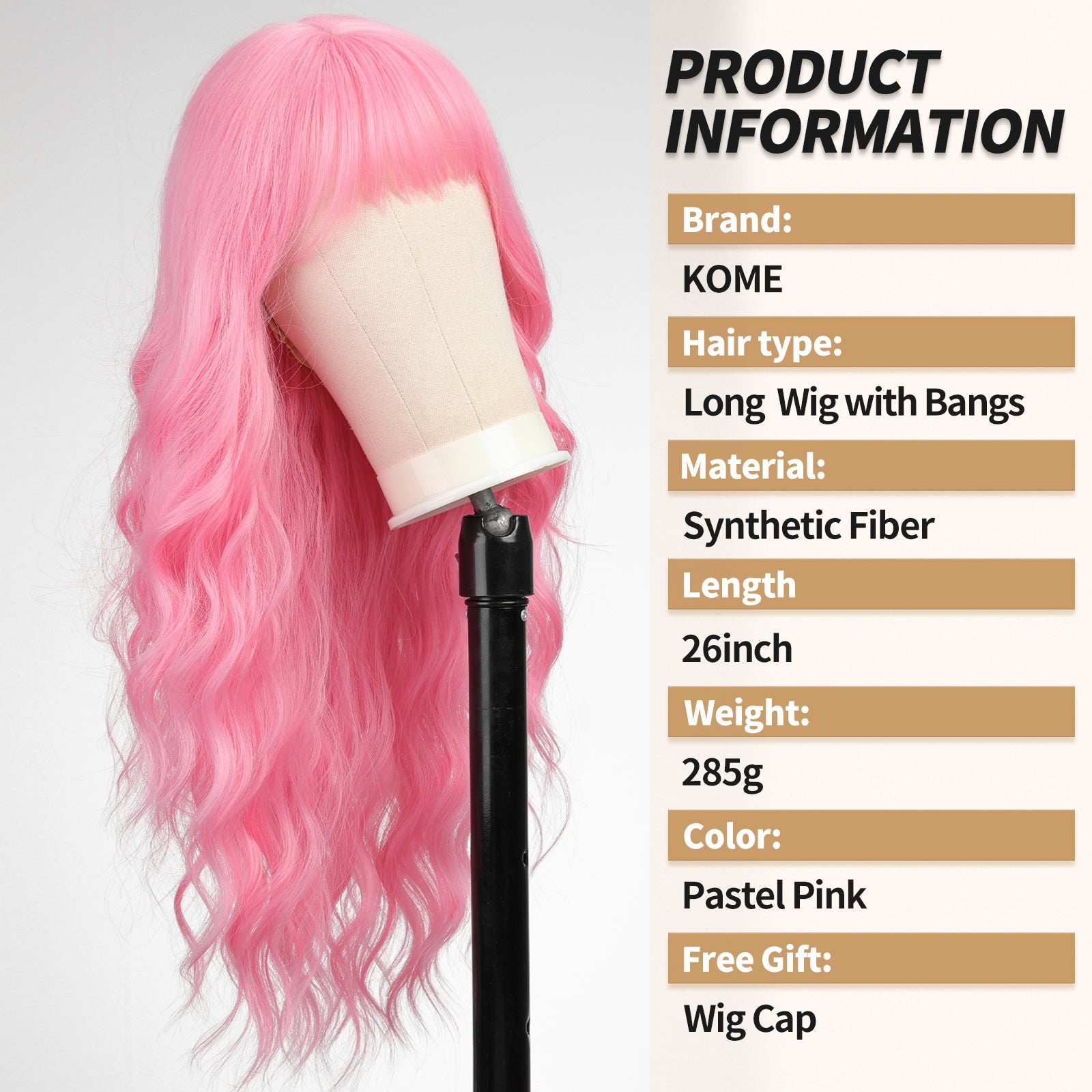 Pink Wig- Long Pink Wavy Wigs for Women,Pastel Pink Wig with Bangs,Natural Curly Synthetic Wig for Party Cosplay Daily Use 26IN