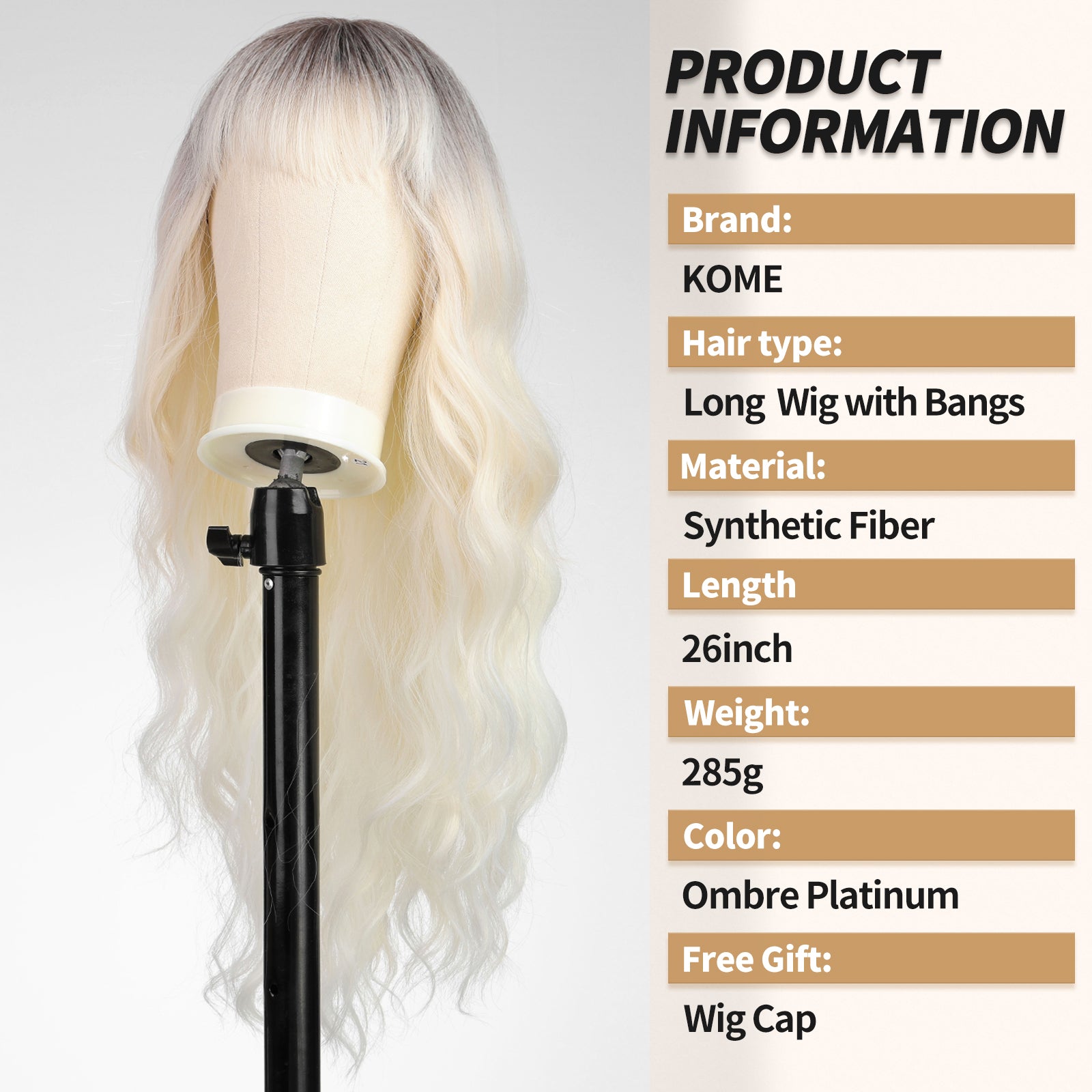 Ombre Platinum Blonde Wigs with Bangs,White Long Wavy Wig for Women,Long Curly Wigs Synthetic Hair Dark Roots Wig for Party Cosplay Daily Use 26IN