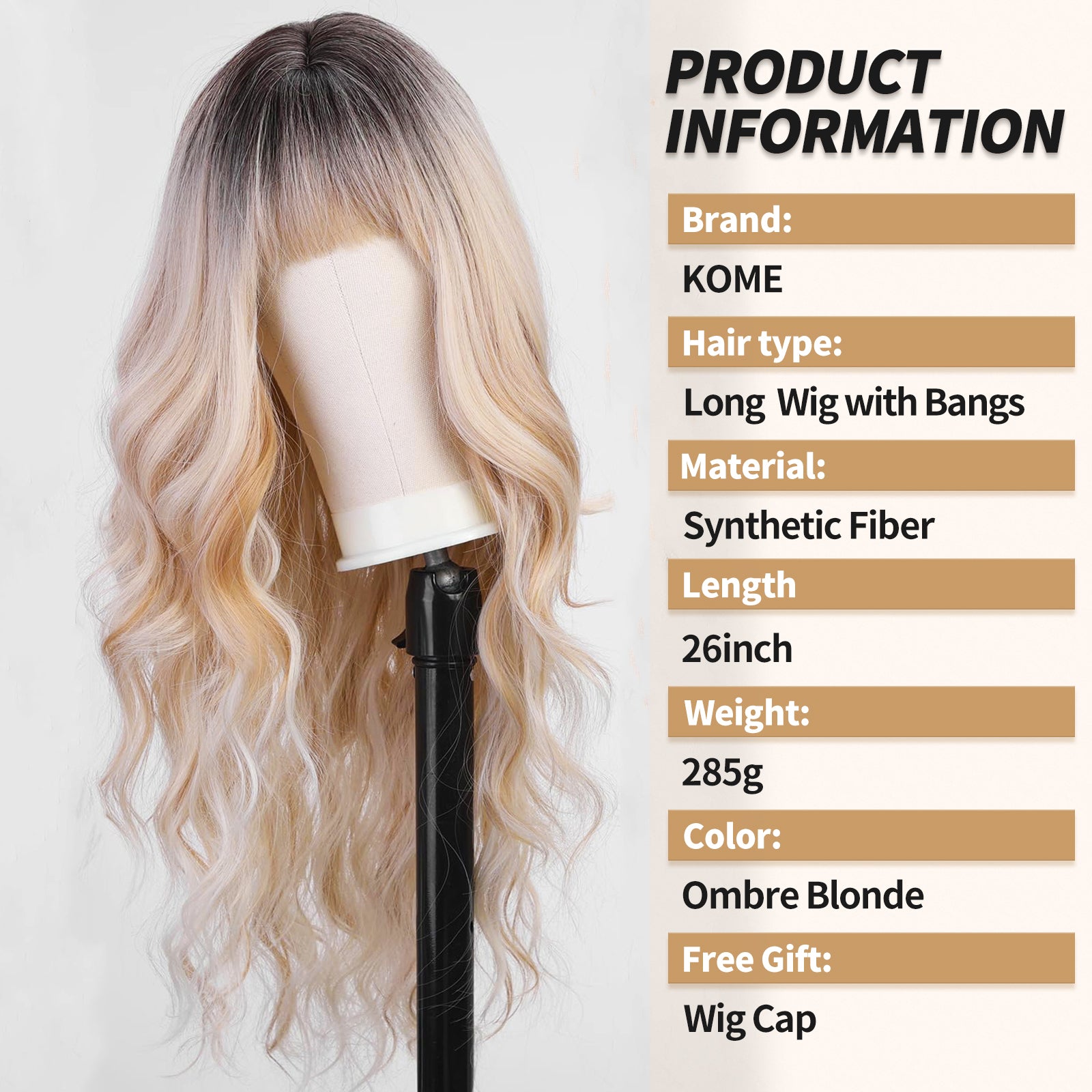 Ombre Blonde Wigs with Bangs,Long Curly Wig for Women,Blonde Long Wavy Wig Synthetic Hair Wig for Party Cosplay Daily Use 26IN