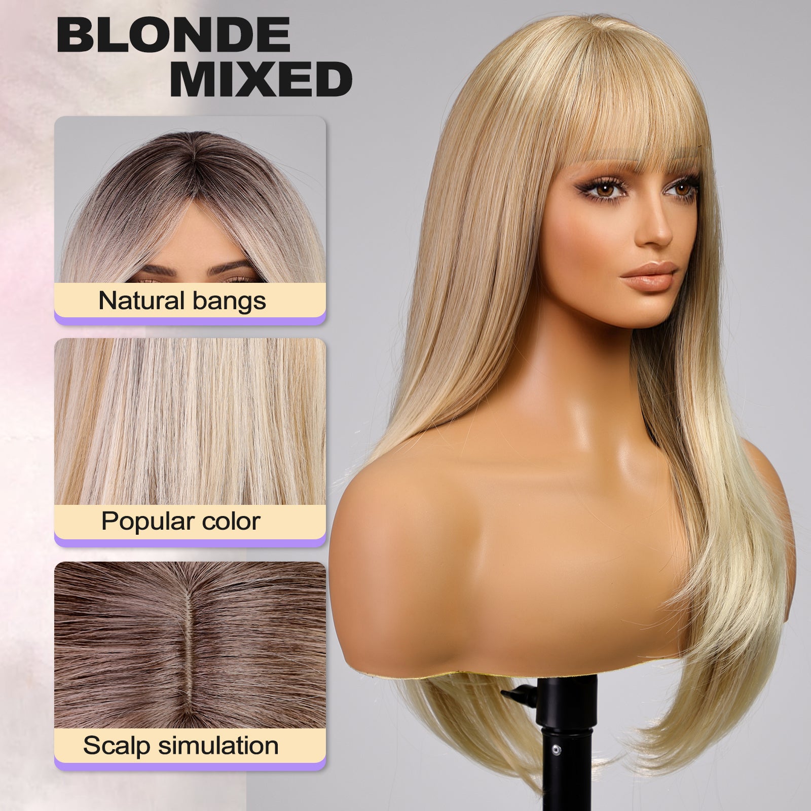 Blonde Highlight Long Layered Wig with Bangs,Straight Hair Wigs for Women,Synthetic Heat Resistant Natural Looking Hair Wig for Party Cosplay Dality Use