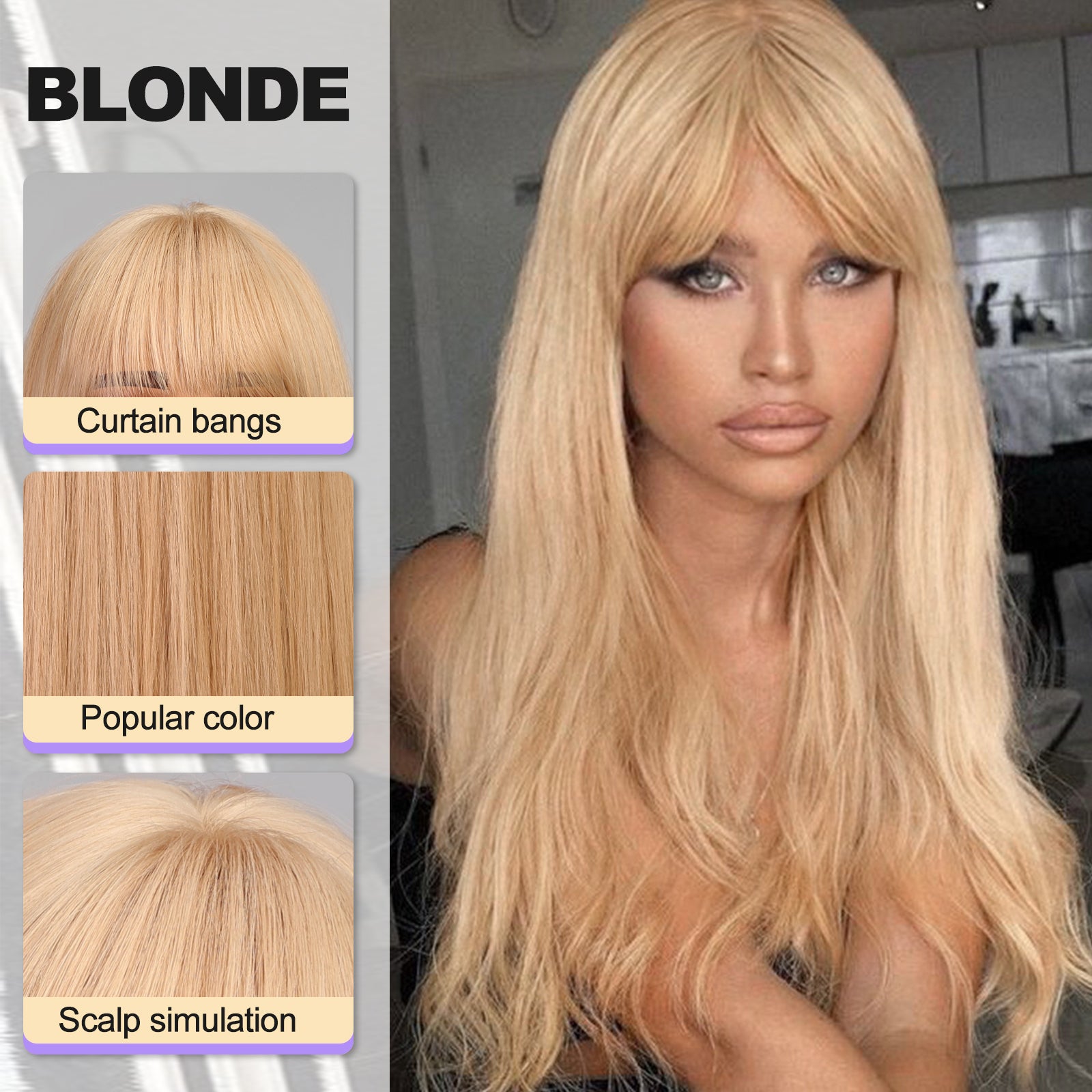 Blonde Long Straight Wig with Bangs,Straight Hair Wigs for Women,Synthetic Heat Resistant Natural Looking Hair Wig for Party Cosplay Dality Use