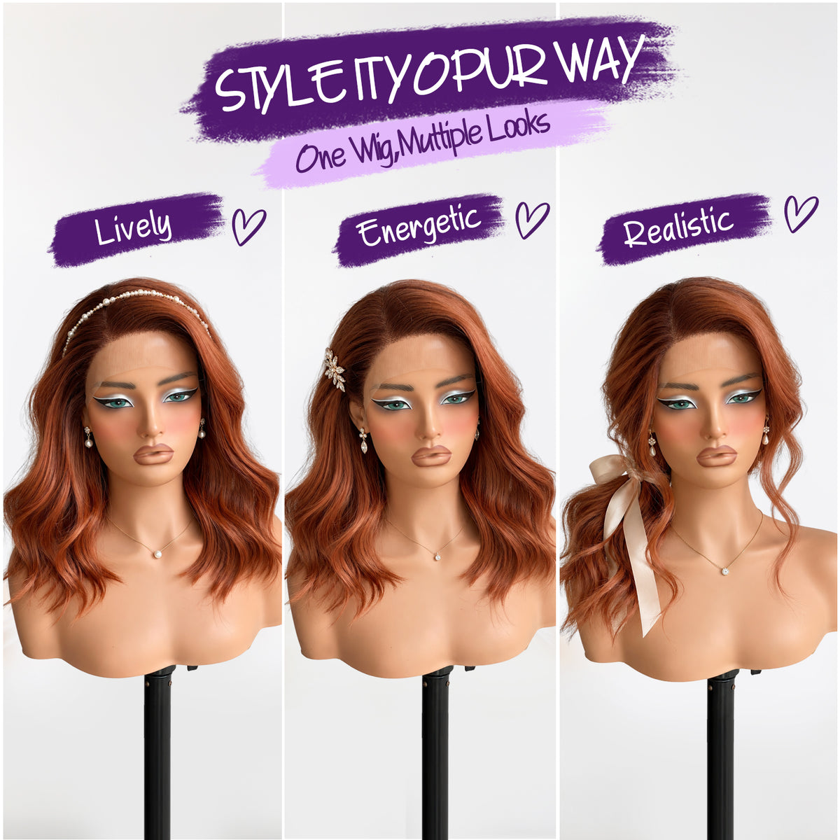 KOME Auburn Synthetic Lace Front Wig,Shoulder Length Short Glueless Bob Wig,T Part Ginger Curly Lace Wigs for Women Daily Use 16IN (#TT33/130B)