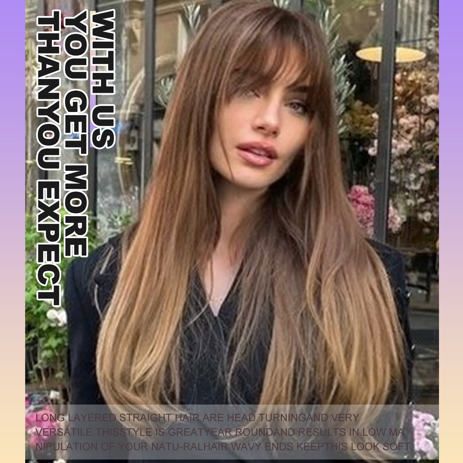 Ash Brown Long Layered Wig with Bangs,Straight Hair Wigs for Women,Synthetic Heat Resistant Natural Looking Hair Wig for Party Cosplay Dality Use