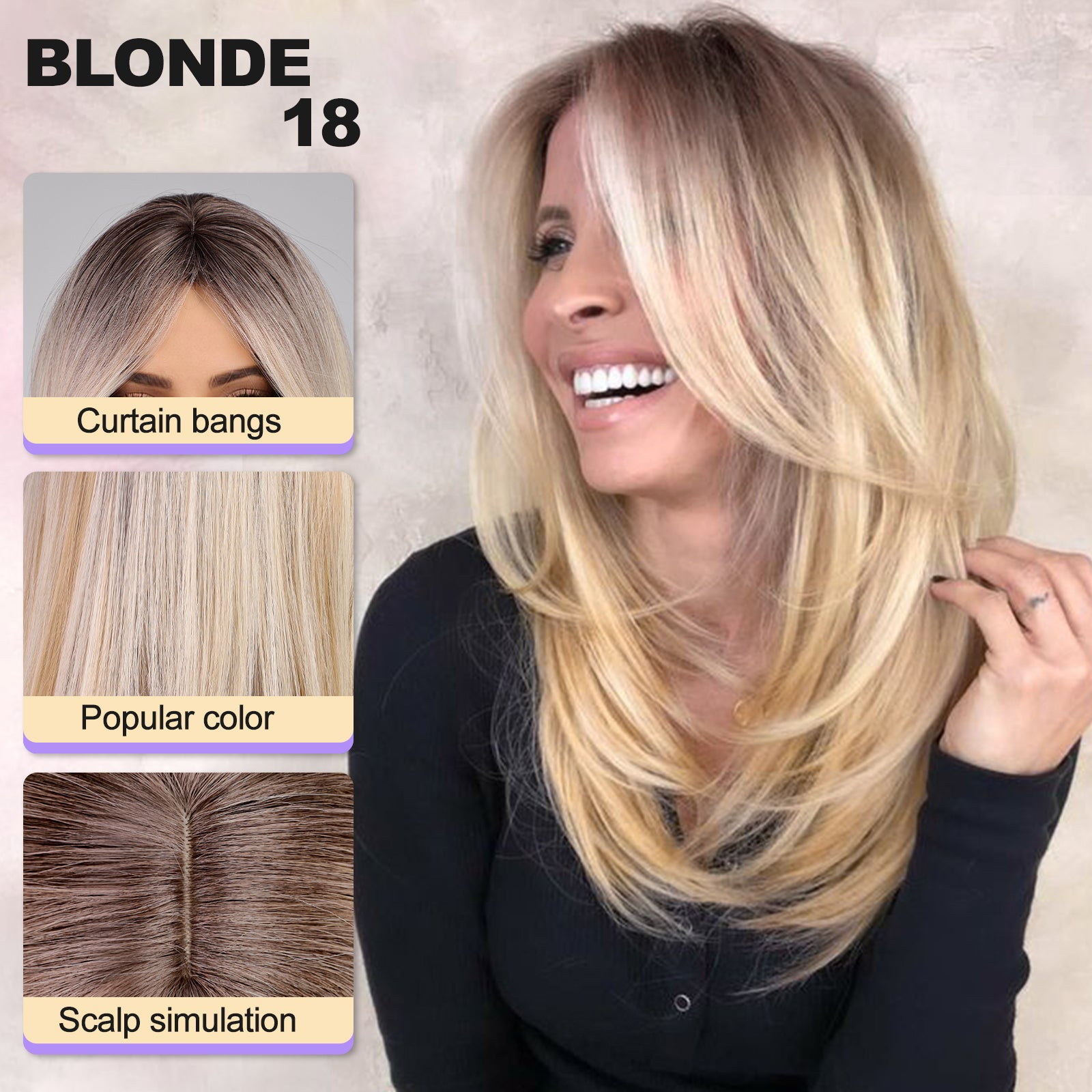 Blonde Wigs for Women layered Straight Wig with Curtain Bangs Natural Synthetic Hair with Dark Roots 18IN