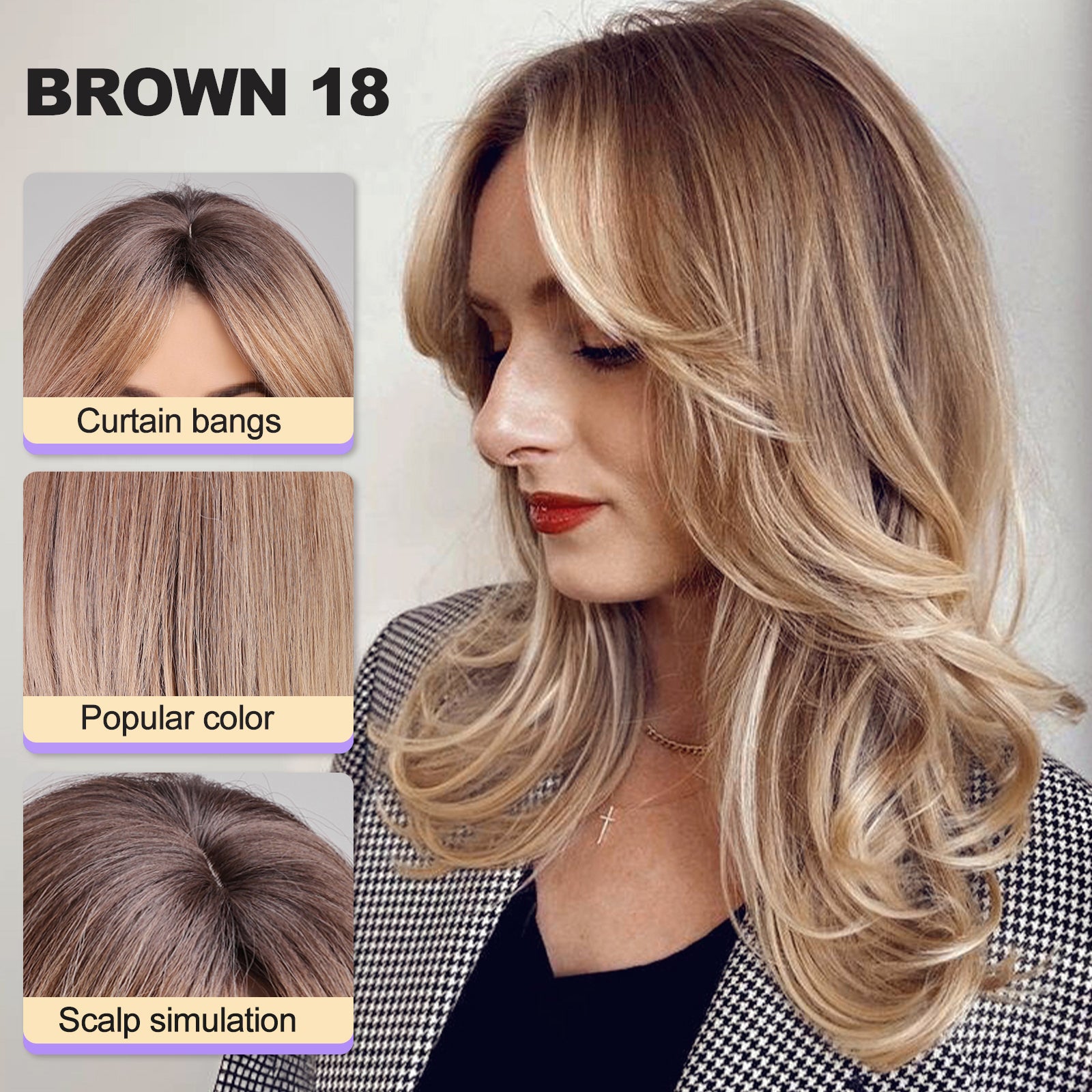 Brown Wigs for Women layered Straight Wig with Curtain Bangs Natural Synthetic Hair 18IN