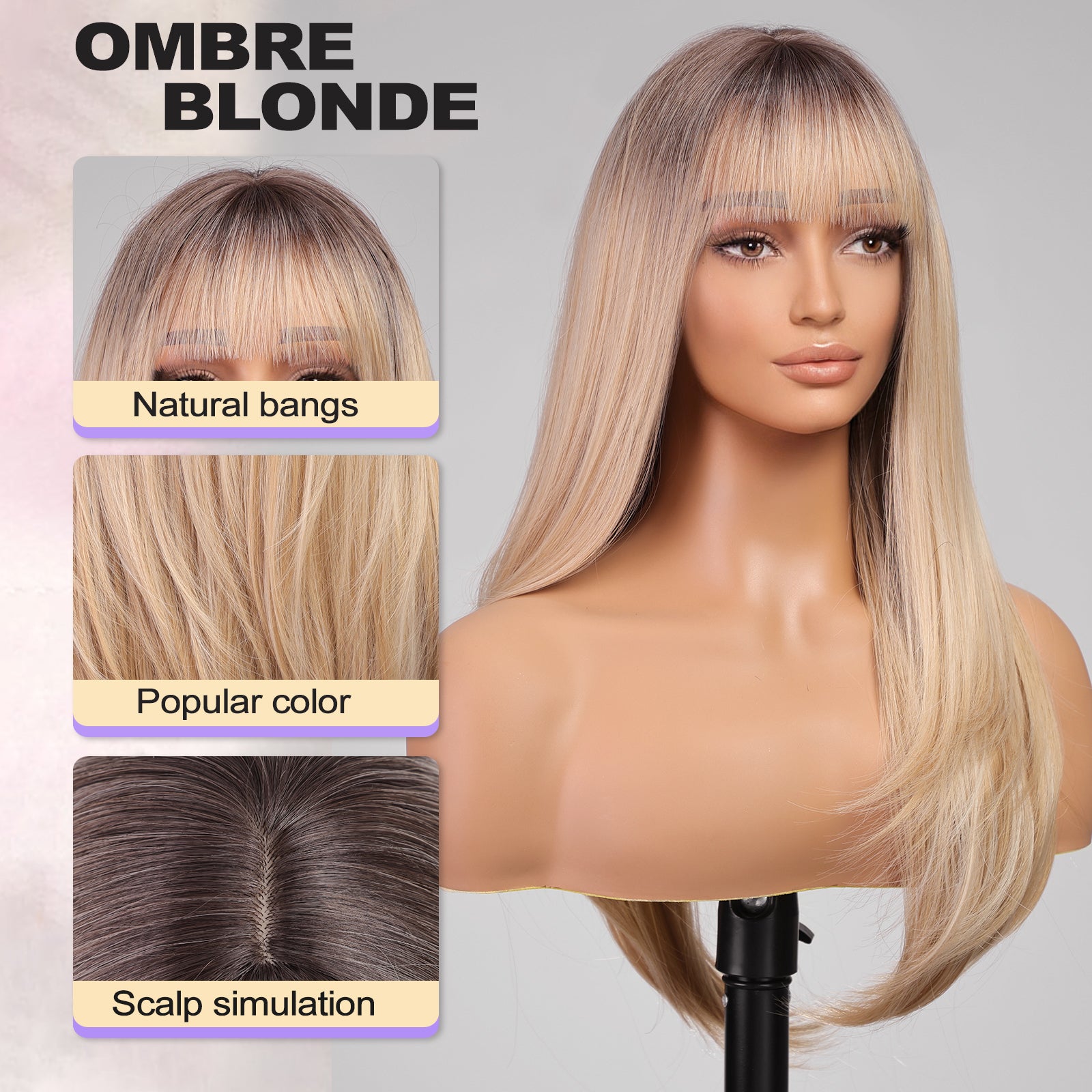 Ombre Blonde Long Layered Wig with Bangs,Straight Hair Wigs for Women,Synthetic Heat Resistant Natural Looking Hair Wig for Party Cosplay Dality Use