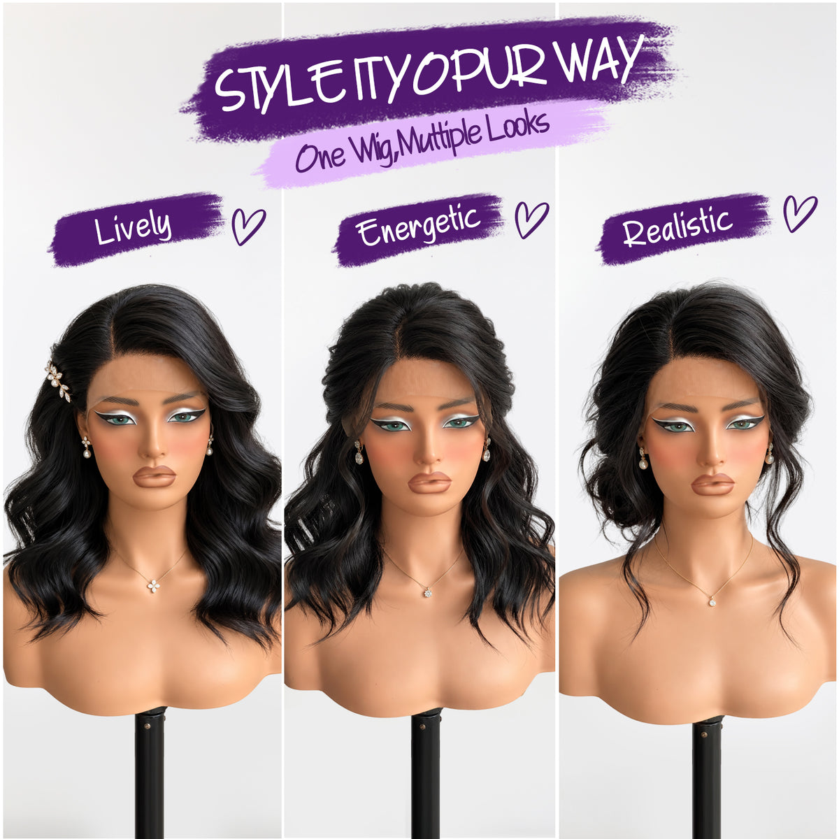 KOME Black Synthetic Lace Front Wig,Shoulder Length Short Glueless Bob Wig,T Part Curly Lace Wigs for Women Daily Use 16IN (1B)