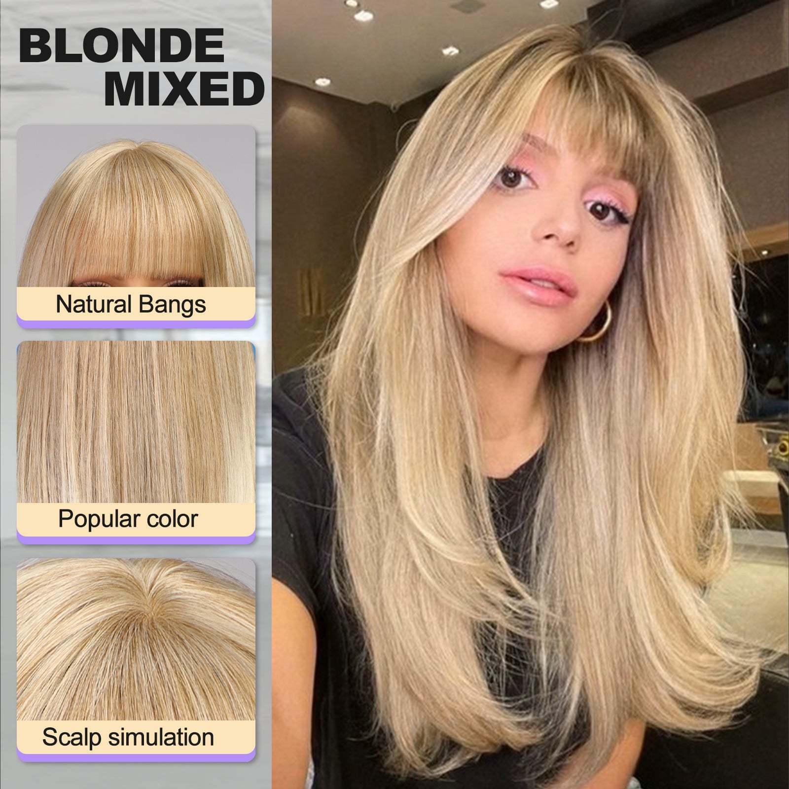 Blonde Highlight Long Layered Wig with Bangs,Straight Hair Wigs for Women,Synthetic Heat Resistant Natural Looking Hair Wig for Party Cosplay Dality Use