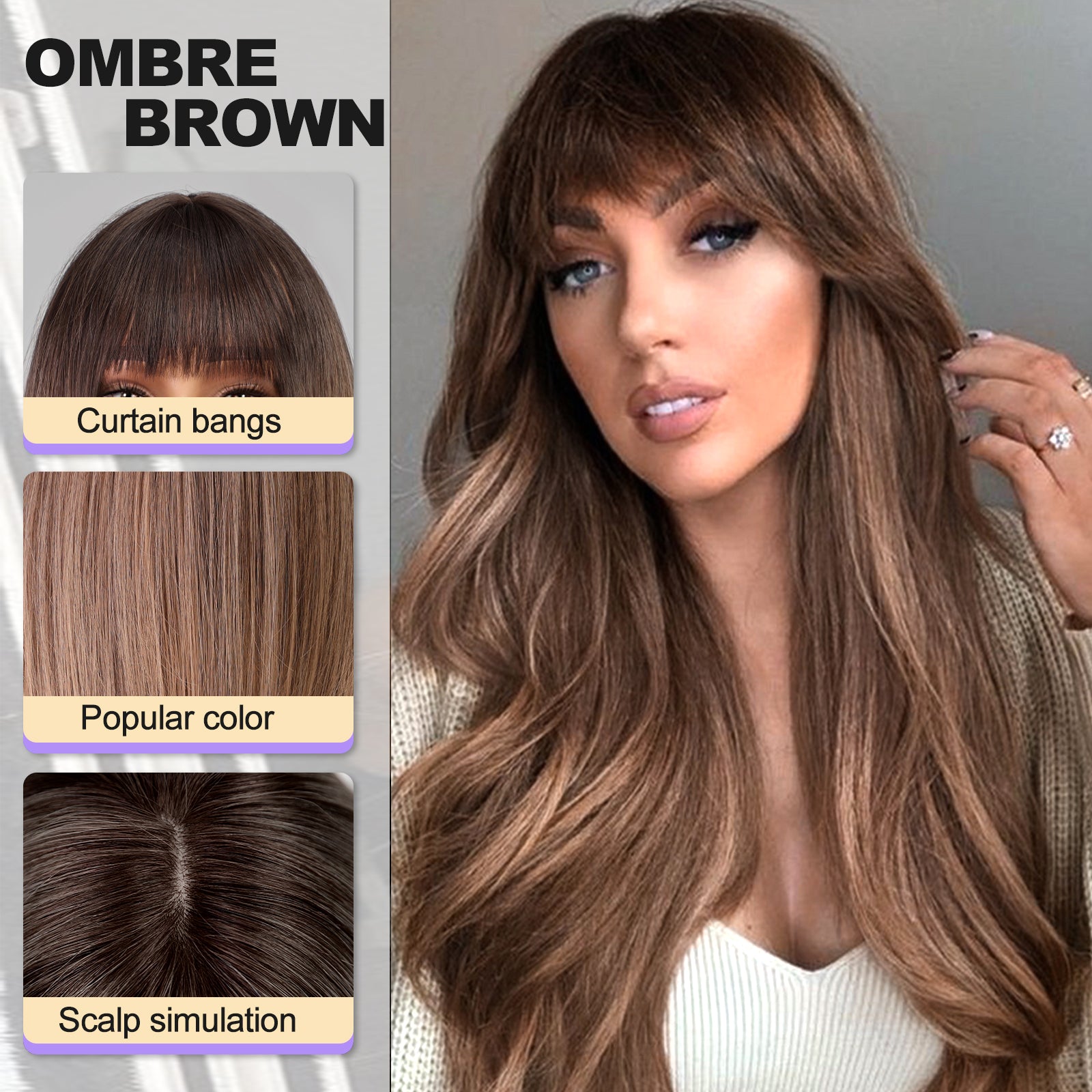 Ombre Brown Long Layered Wig with Bangs,Straight Hair Wigs for Women,Synthetic Heat Resistant Natural Looking Hair Wig for Party Cosplay Dality Use