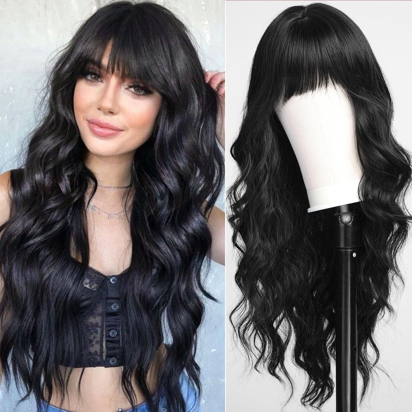 Black Wigs with Bangs,Black Long Wavy Wig for Women,Black Long Curly Synthetic Hair Wig for Party Daily Use 26IN