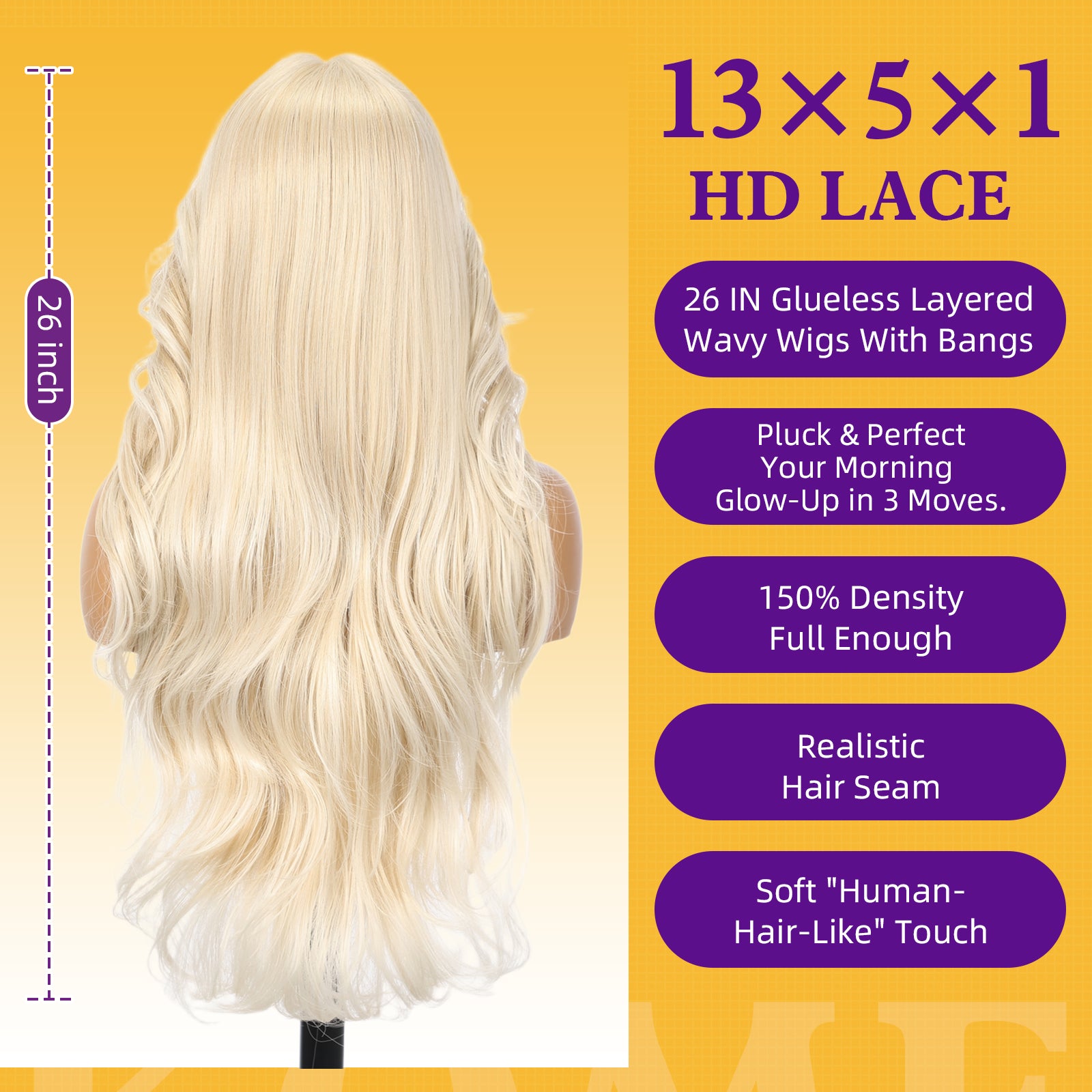 KOME Light Blonde Synthetic Lace Front Wig, T Part Glueless Layered Wavy Wigs With Bangs, Heat Resistant Wigs For Women Daily Party Use 26IN