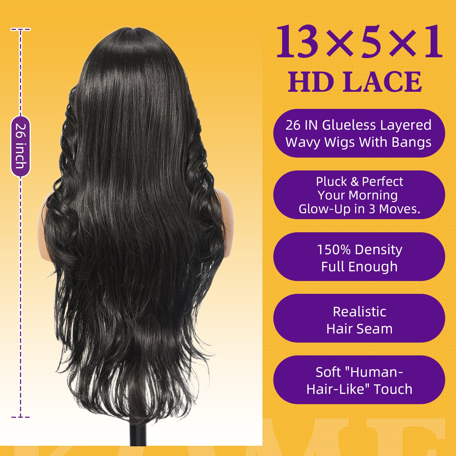 KOME Black Synthetic Lace Front Wig, T Part Glueless Layered Wavy Wigs With Bangs, Heat Resistant Wigs For Women Daily Party Use 26IN
