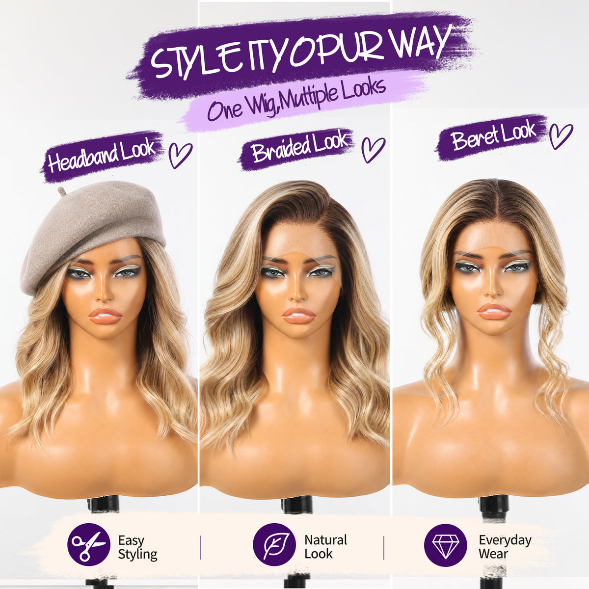KOME Ombre Blonde 13X4 Synthetic Lace Front Wig for Women Daily Use 14IN