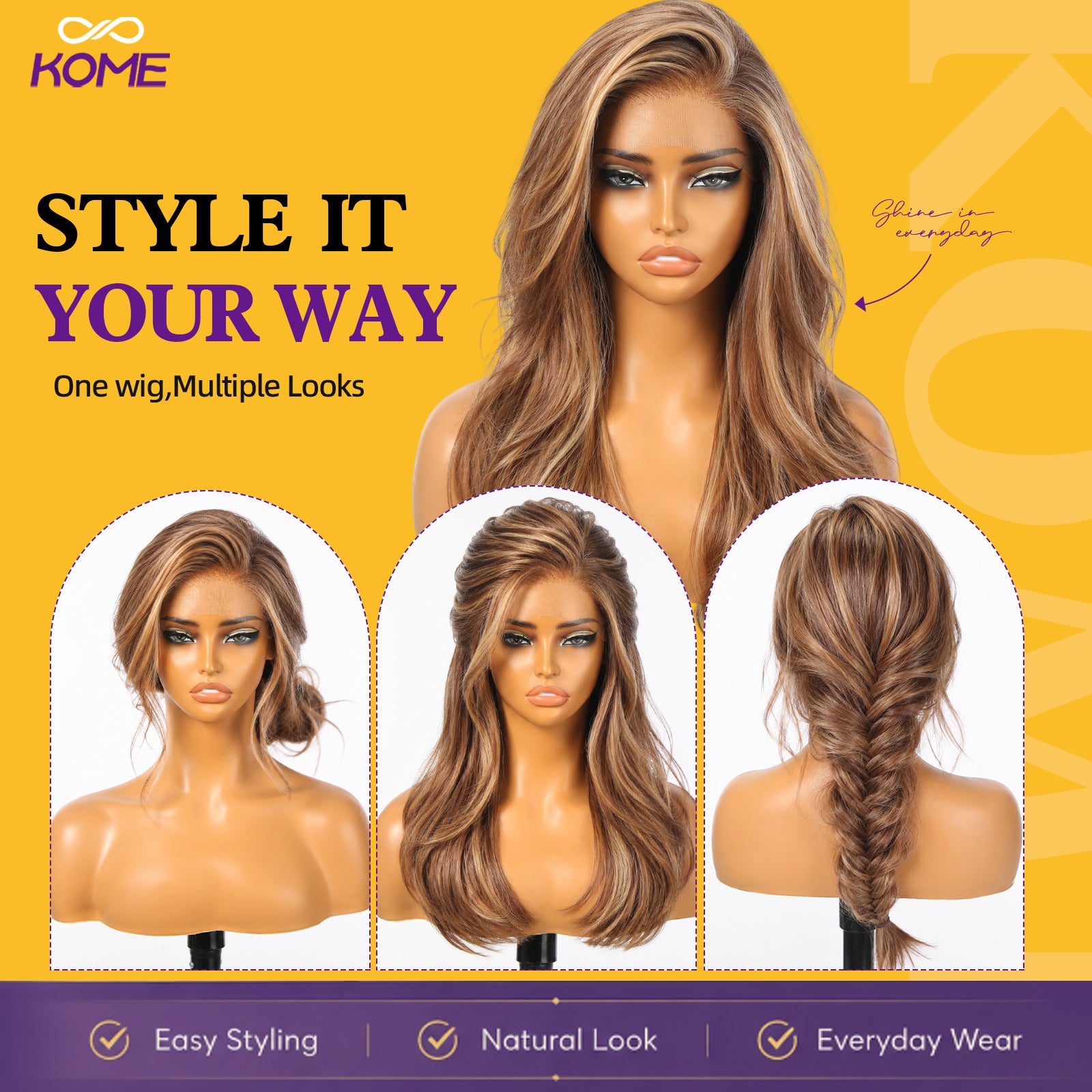 KOME Brown Mixed Synthetic Lace Front Wig, 13X4 HD Lace Glueless Long Layered Straight Wigs for Women Daily Use 20IN （#TT4/243）