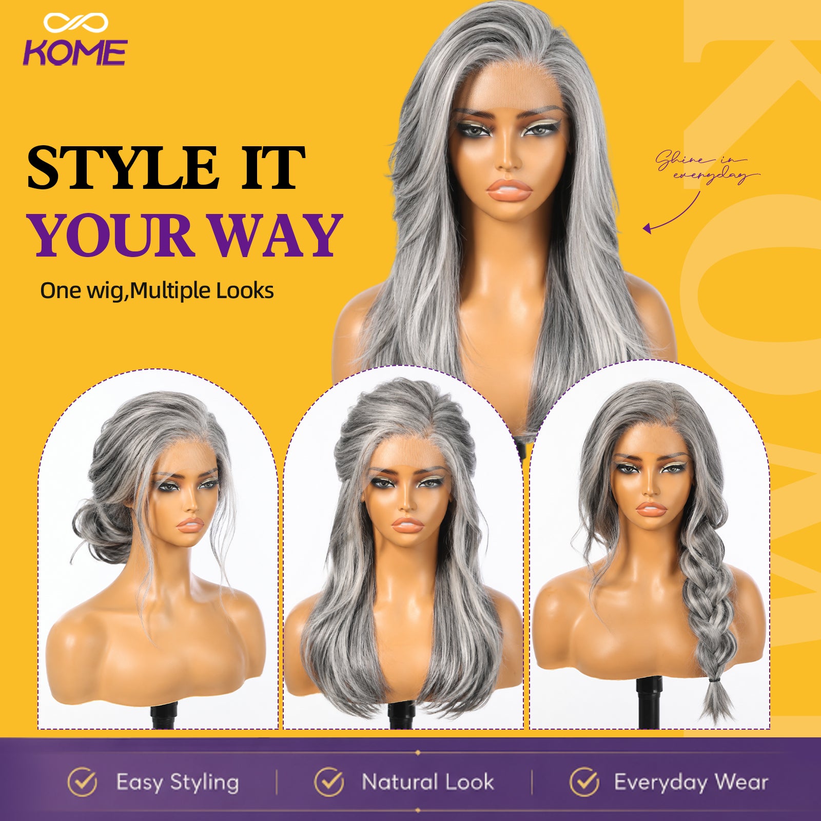 KOME Grey Synthetic Lace Front Wig, 13X4 HD Lace Glueless Long Layered Straight Wigs for Women Daily Use 20IN （#2/60HL）
