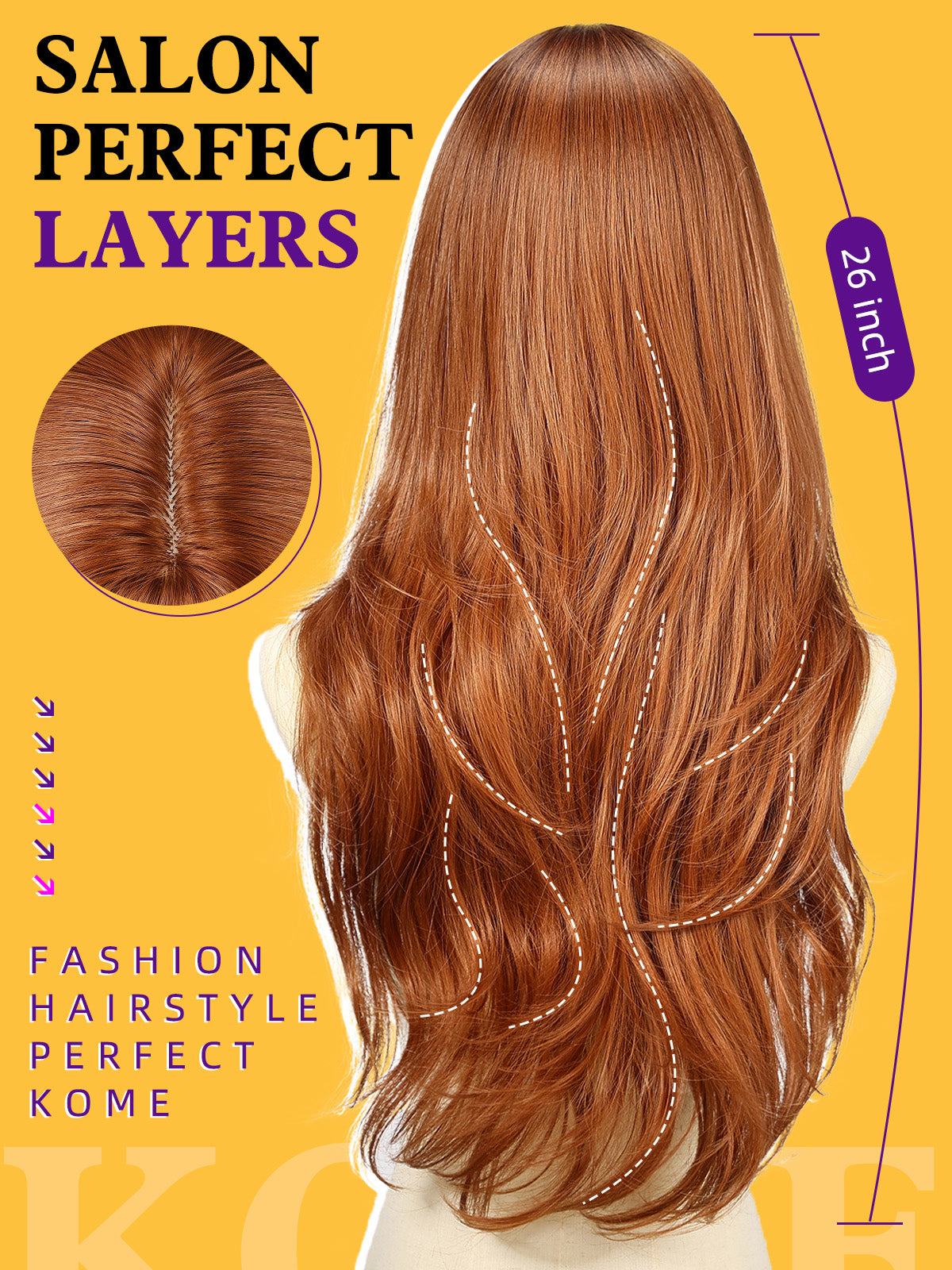 Long Auburn Wigs with Bangs,Ginger Layered Wavy Synthetic Wig for Women Party Daily Use 26IN