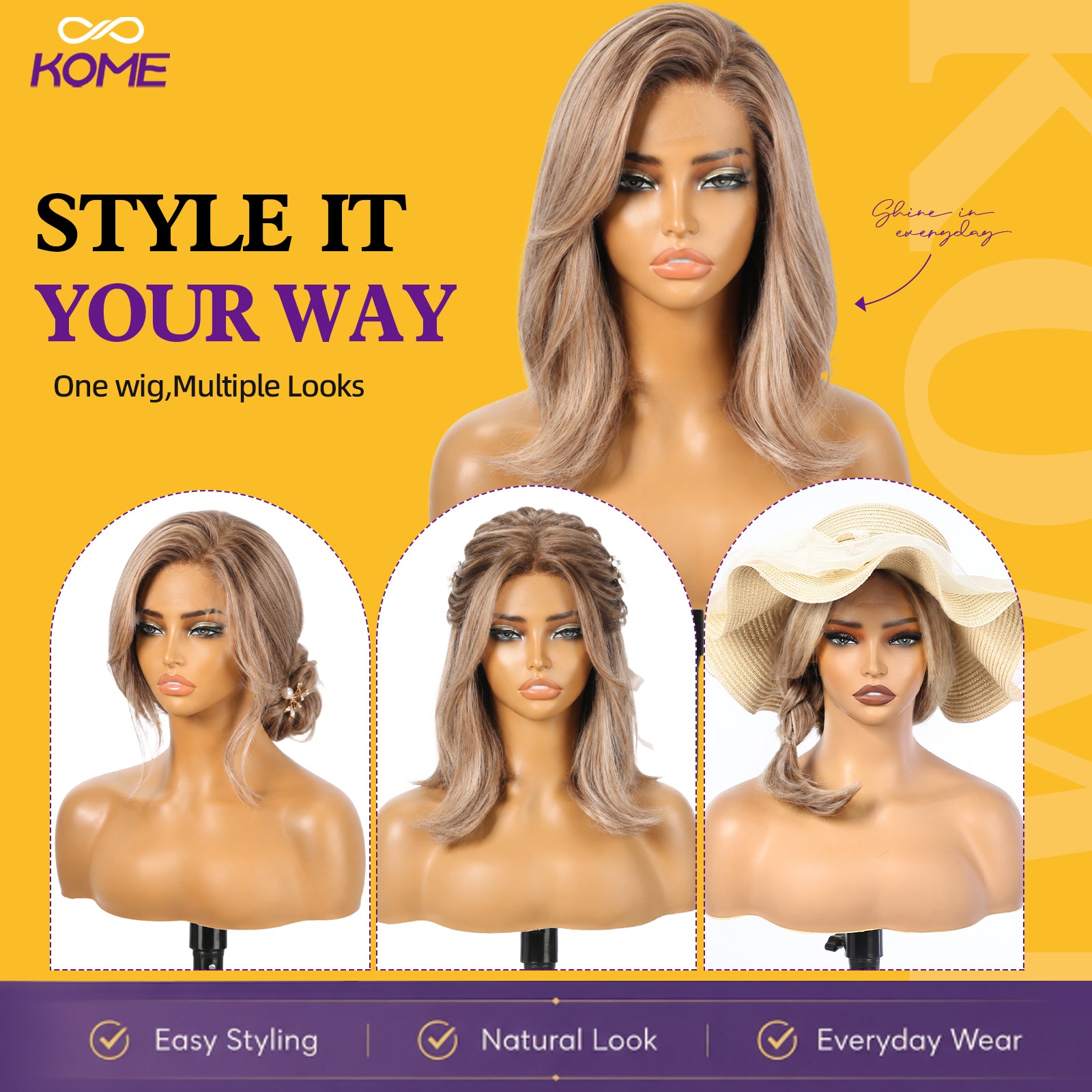 KOME Brown Bob 13×6 Synthetic Lace Front Wig for Women 14IN