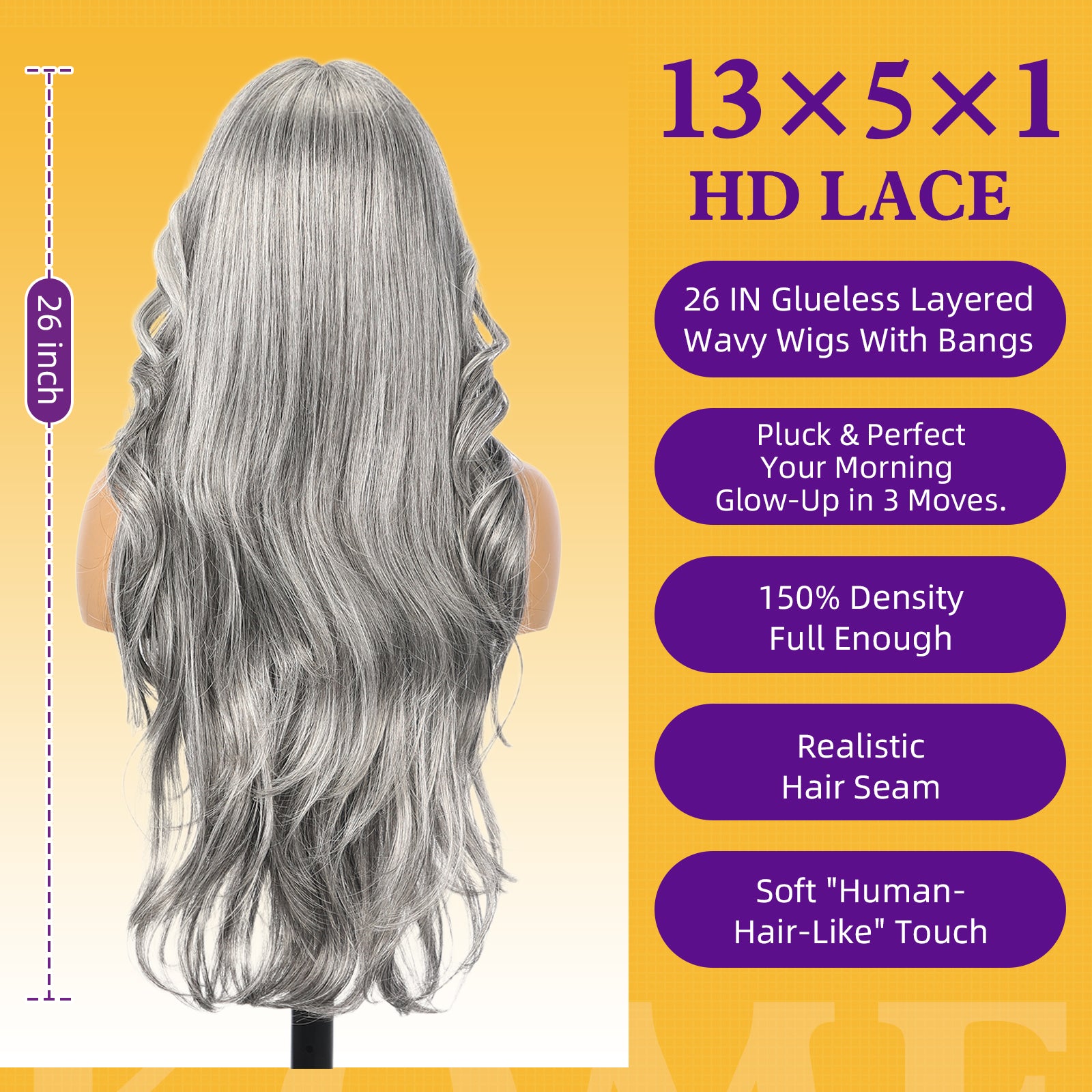 KOME Grey Synthetic Lace Front Wig, T Part Glueless Layered Wavy Wigs With Bangs, Heat Resistant Wigs For Women Daily Party Use 26IN