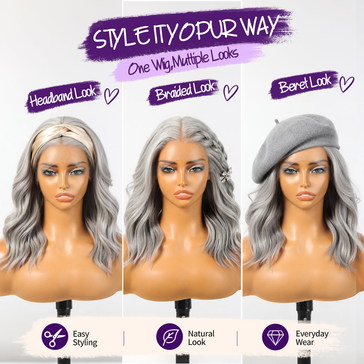 KOME Grey 13X4 Synthetic Lace Front Wig for Women Daily Use 14IN
