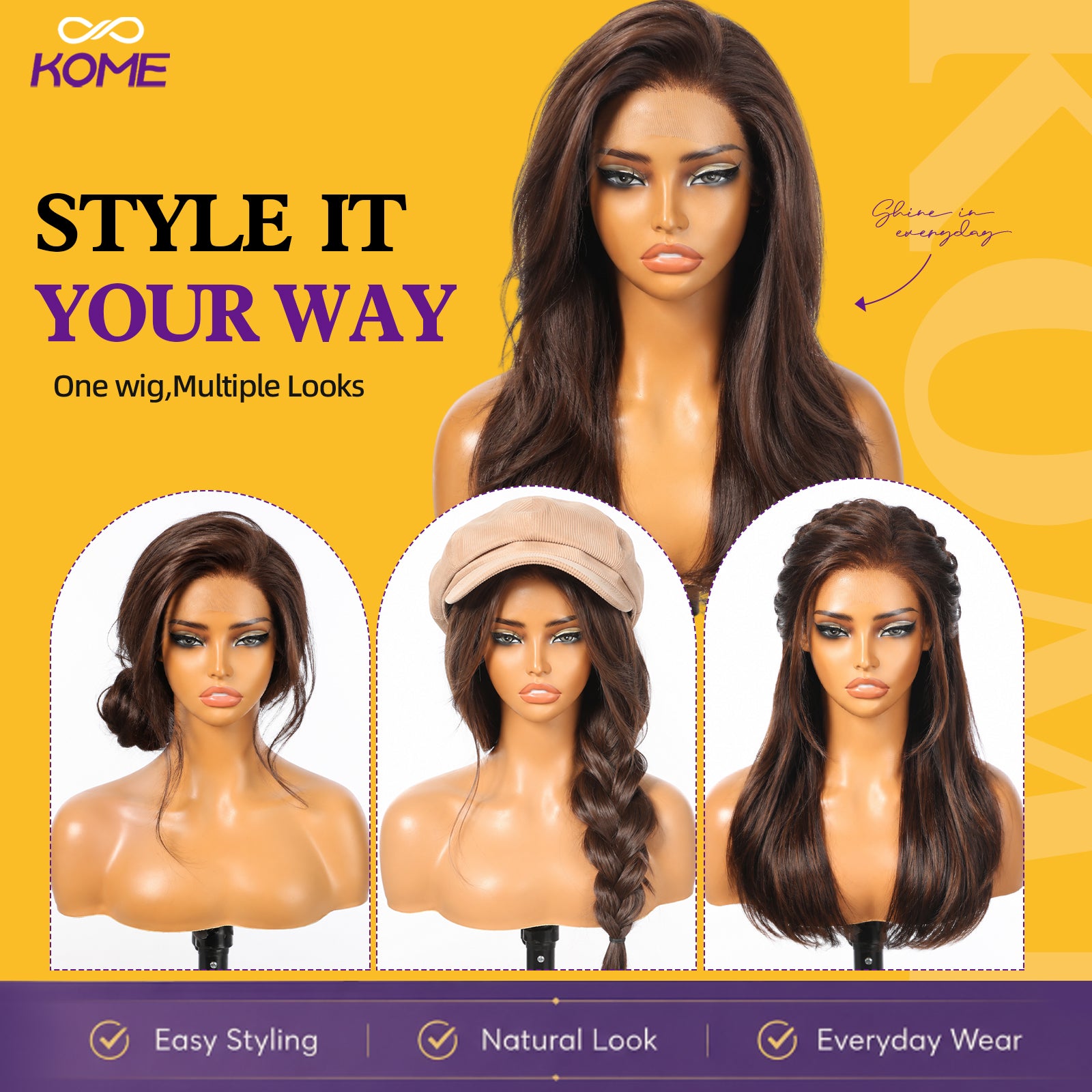 KOME Dark Brown Synthetic Lace Front Wig, 13X4 HD Lace Glueless Long Layered Straight Wigs for Women Daily Use 20IN （#FS4/30）