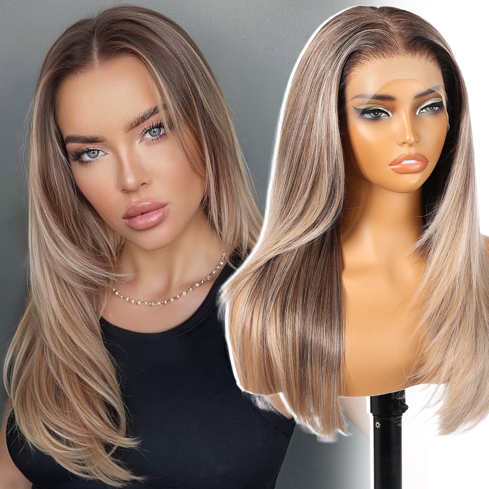 KOME Ombre Ash Brown Synthetic Lace Front Wig, 13X6 Long Straight Layered Glueless Wigs for Women Daily Use 22IN(#TT4/6327)