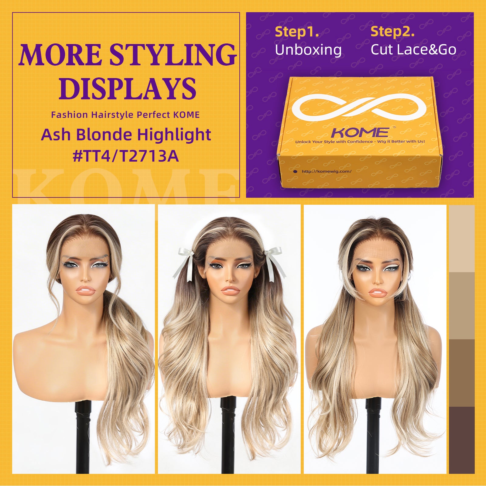 KOME Ash Blonde Highlight Synthetic Lace Front Wig,13x4 HD Lace Glueless Layered Bouncy Blowouts Blonde Wigs for Women Daily Use 26IN（#TT4/T2713A）