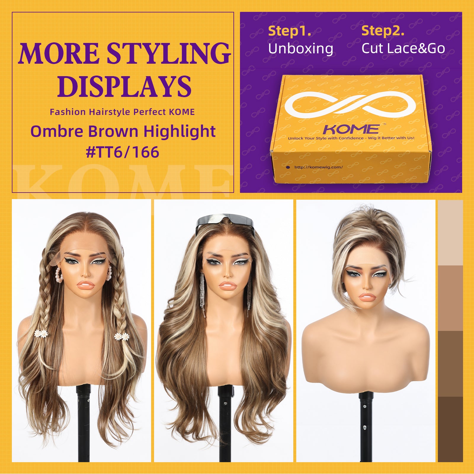 KOME Balayage Brown Highlight Synthetic Lace Front Wig,13x4 HD Lace Glueless Layered Brown Bouncy Blowouts Old Money Styler Wigs for Women Daily Use 26IN（#TT6/166）