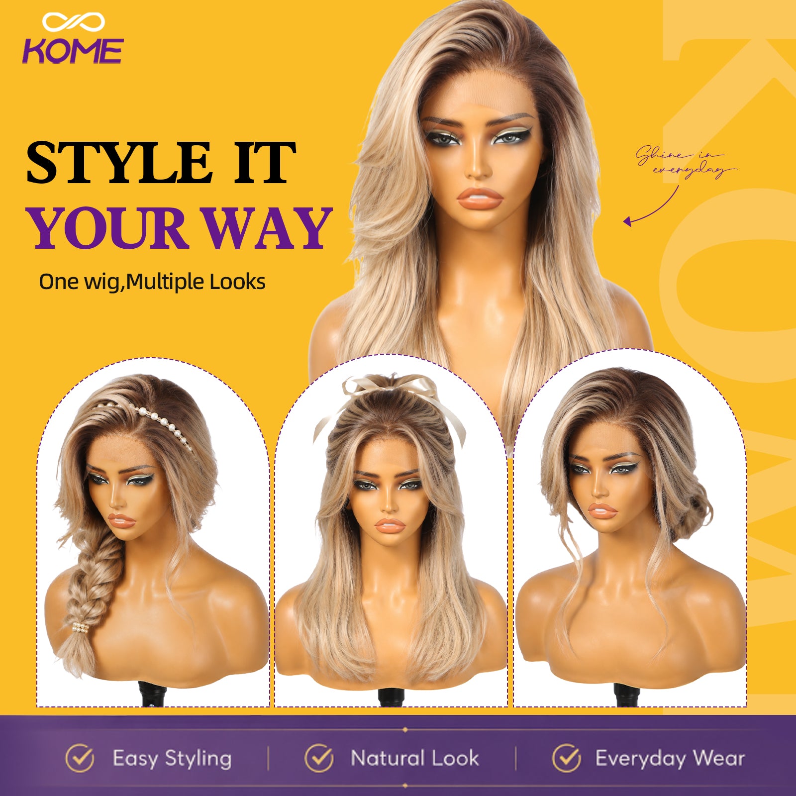 KOME Ombre Blonde Synthetic Lace Front Wig, 13X4 HD Lace Glueless Long Layered Straight Wigs for Women Daily Use 20IN （#TT6/1603）