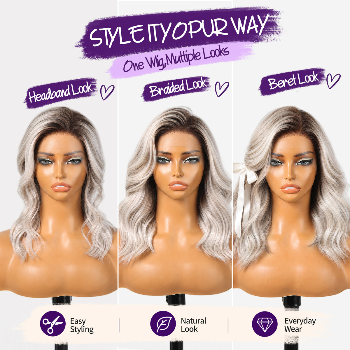 KOME Platinum Blonde 13X4 Synthetic Lace Front Wig for Women Daily Use 14IN
