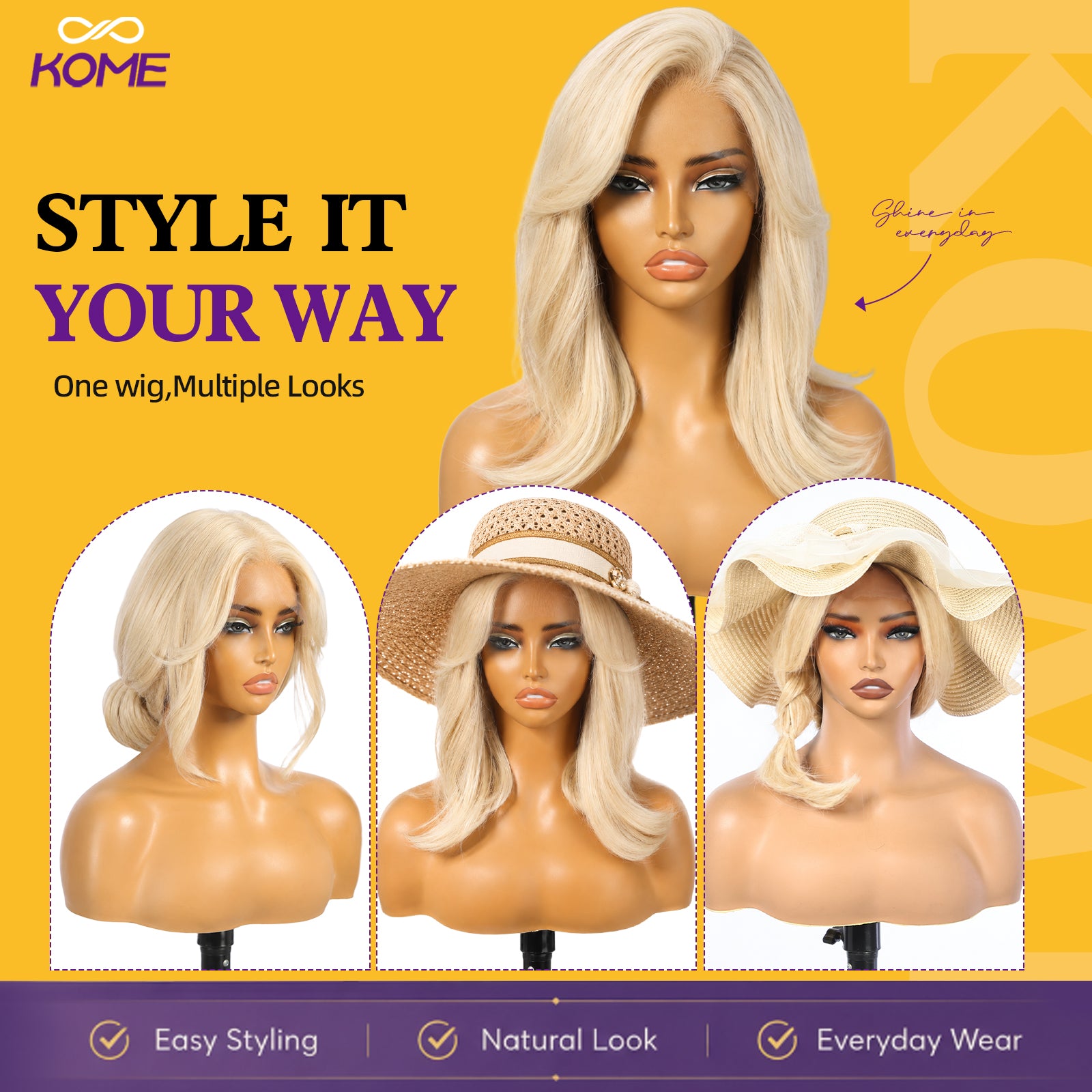 KOME Light Blonde Bob 13×6 Synthetic Lace Front Wig for Women 14IN