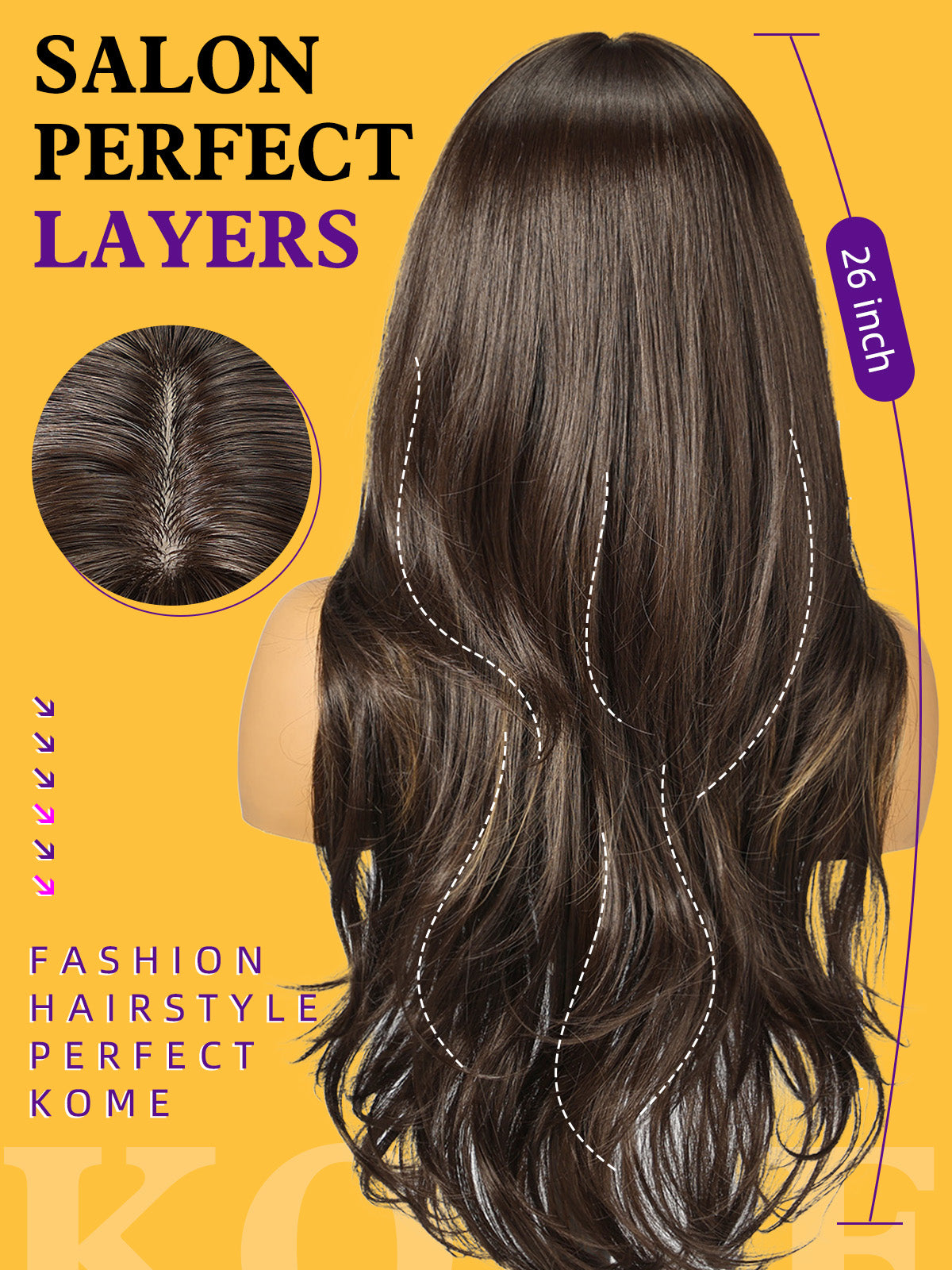 Brown Highlight Wigs with Bangs,Light Brown Highlight Layered Wig for Women,Long Wavy Wigs Synthetic Hair Wig for Party Daily Use 26IN