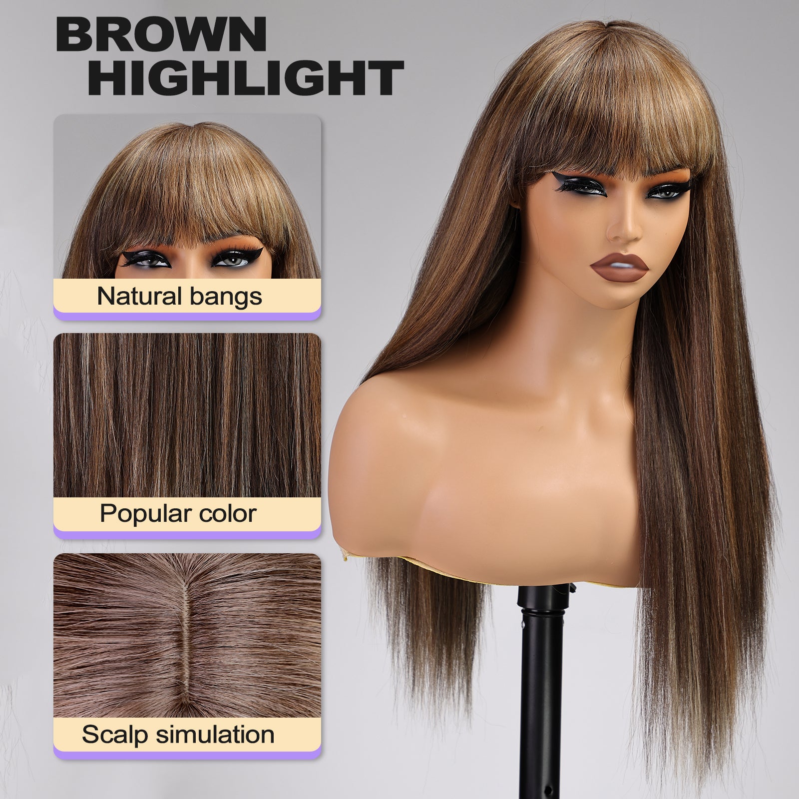 KOME Brown Wigs for Women,Brown Highlight Yaki Straight Glueless Synthetic Long Silk Natural Wig with Bangs Heat Resistant Fiber 26IN