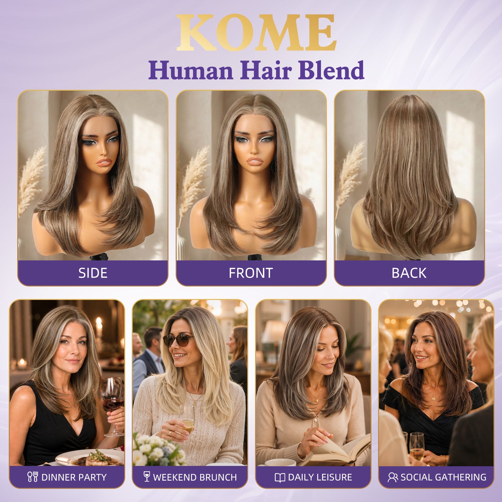 KOME Ash Brown Human Hair Wig Blend,Ash Brown Lace Front Wig, T Part Glueless Wigs for Women Daily Use 18IN（#4161）
