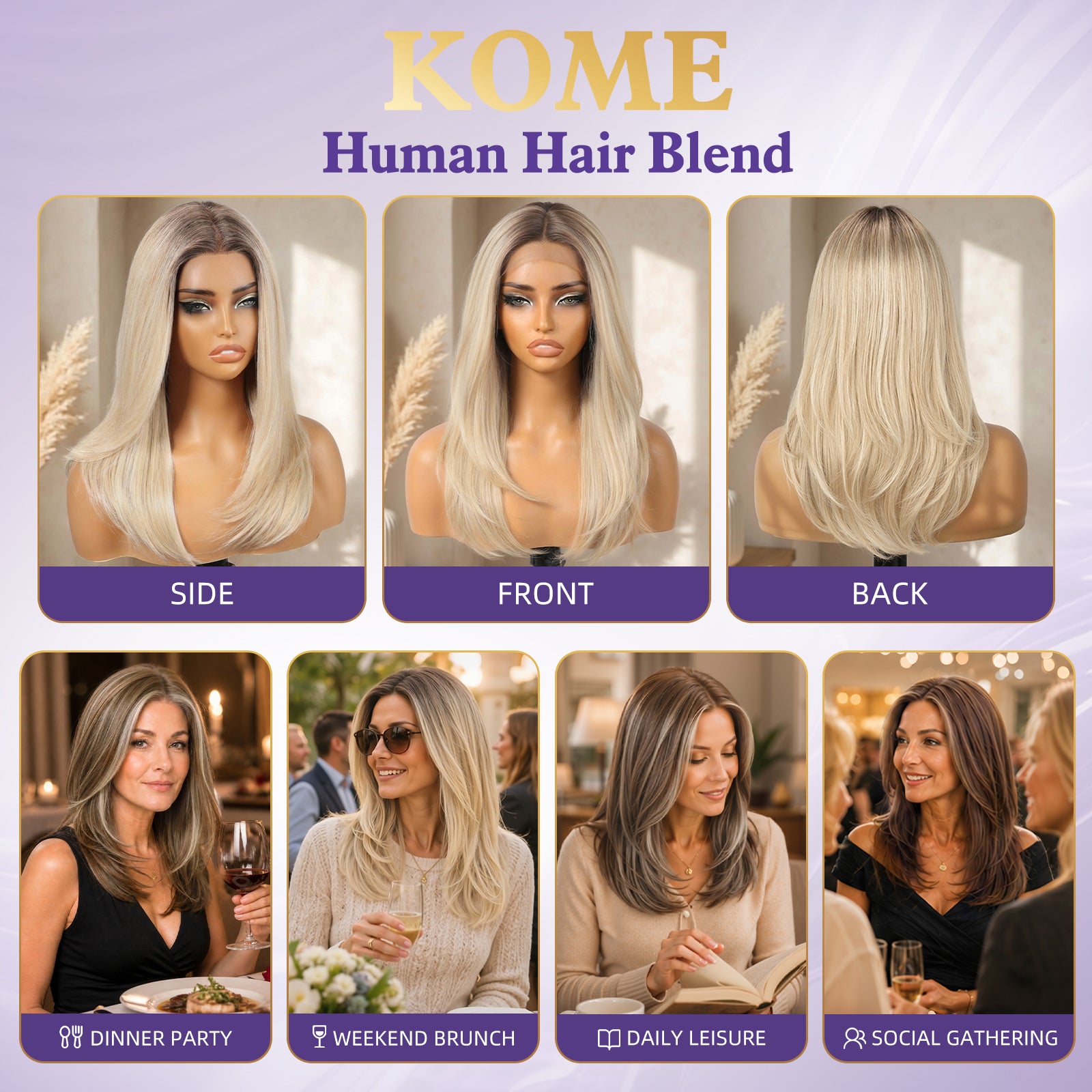 KOME Light Blonde Human Hair Wig Blend,Light Blonde Lace Front Wig, T Part Glueless Wigs for Women Daily Use 18IN（#TT4/6621）