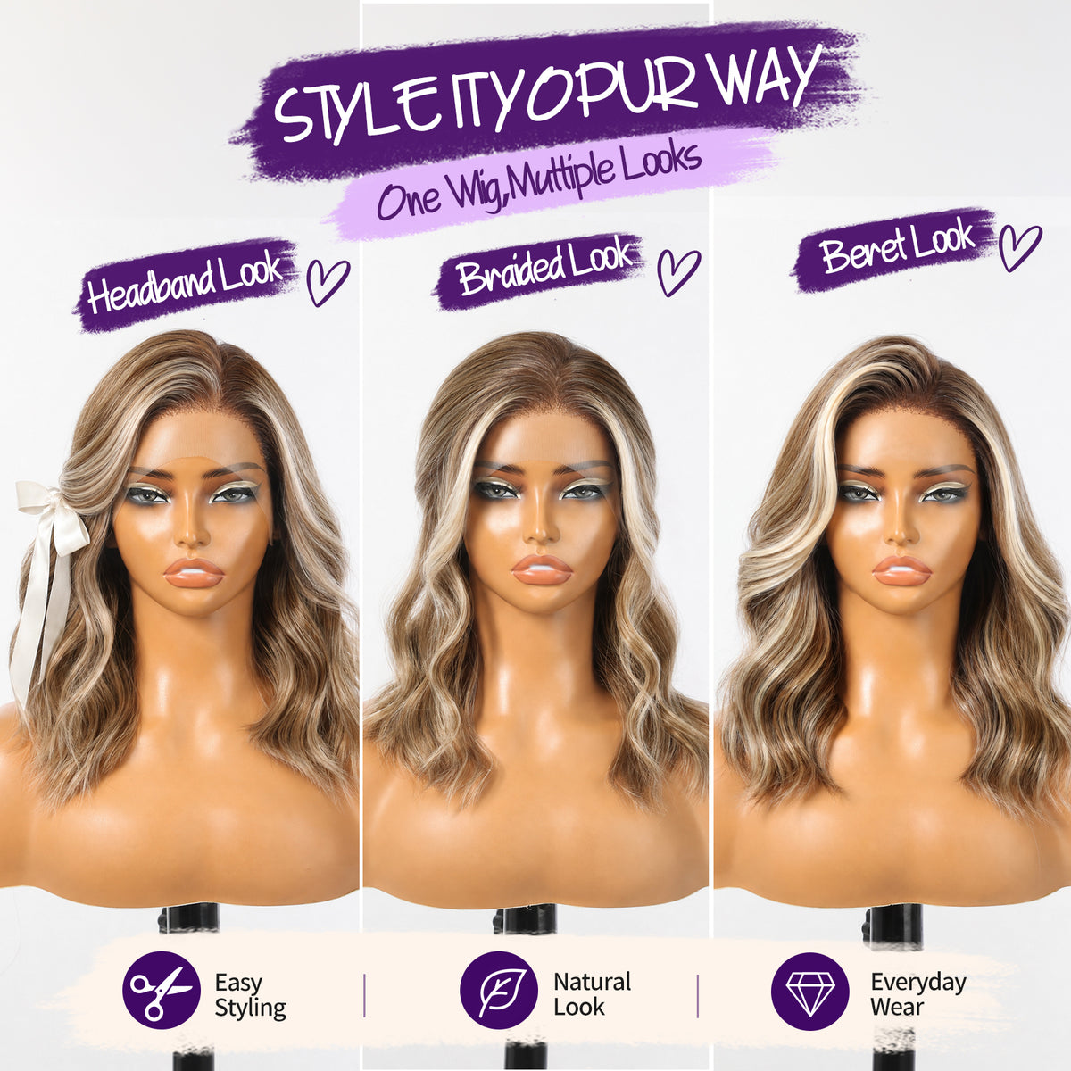 KOME Brown Highlight 13X4 Synthetic Lace Front Wigs for Women 14IN